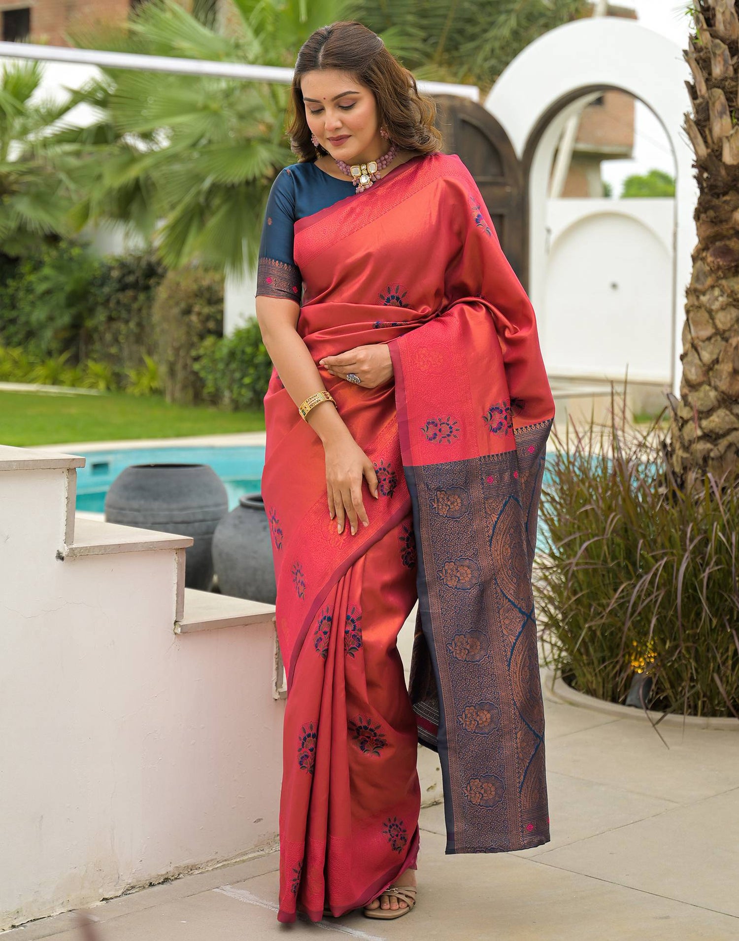 Dark Pink Silk Woven Saree