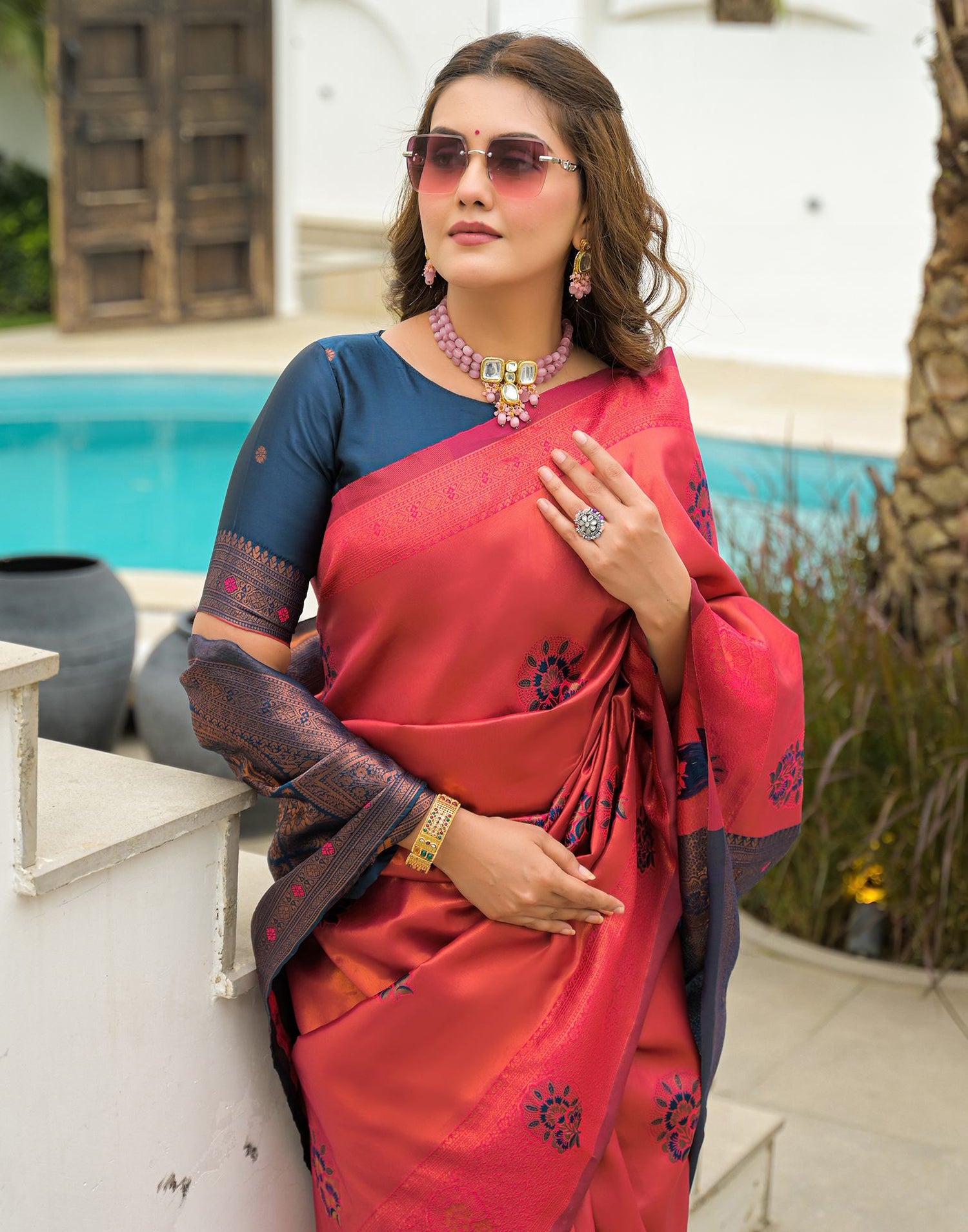 Dark Pink Silk Woven Saree
