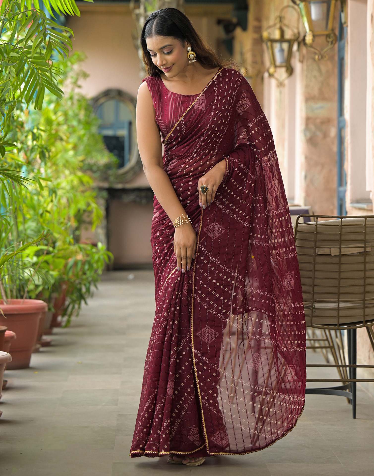 Maroon Georgette Printed Bandhani Saree