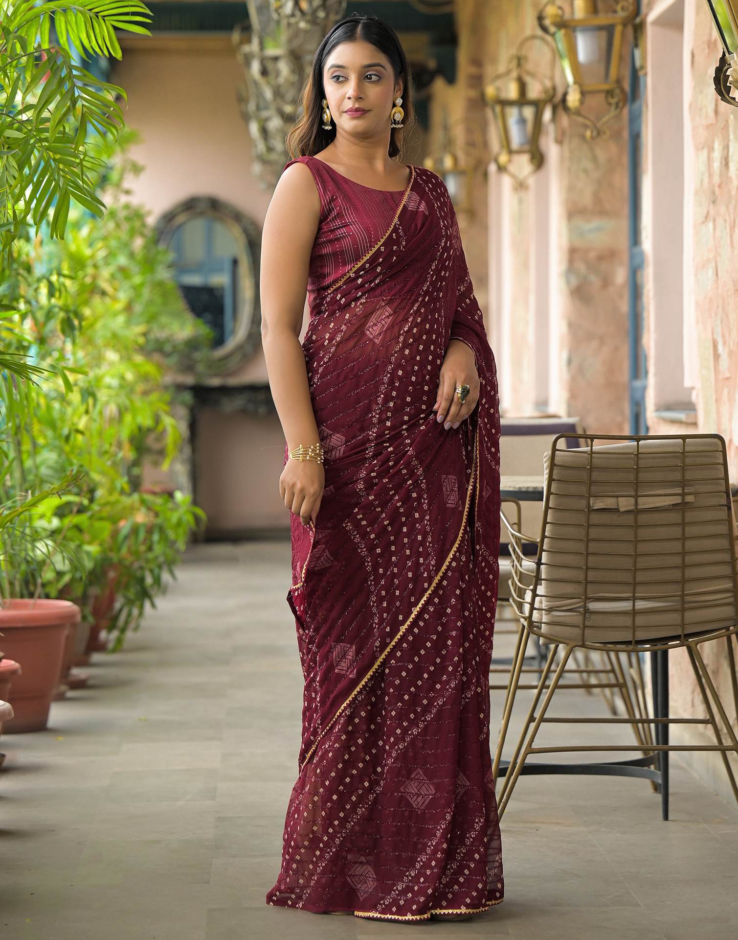 Maroon Georgette Printed Bandhani Saree