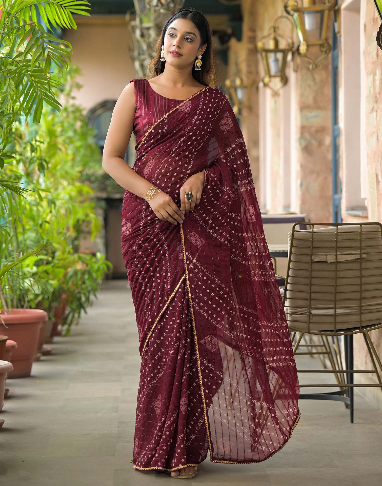 Maroon Georgette Printed Bandhani Saree