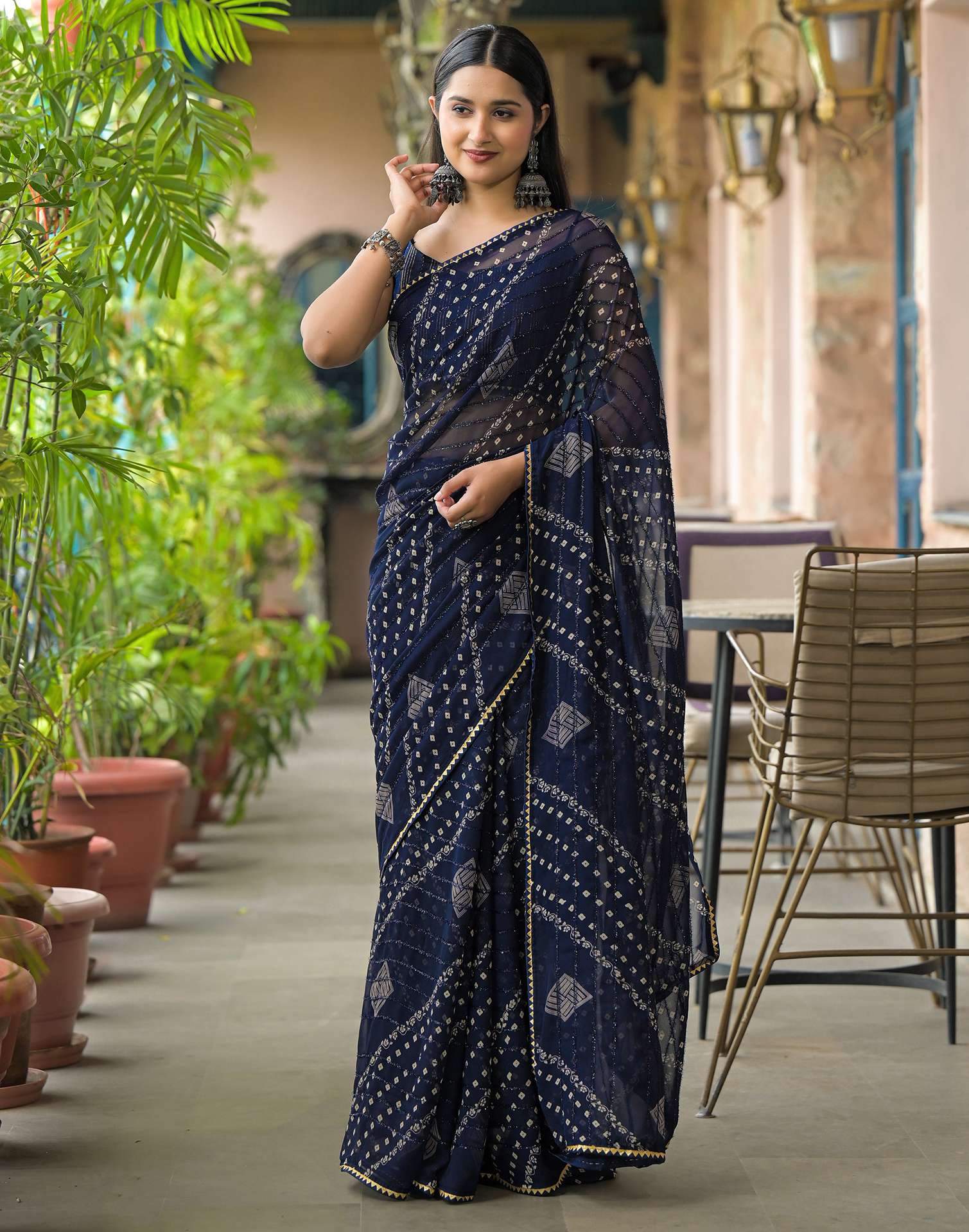 Navy Blue Georgette Printed Bandhani Saree