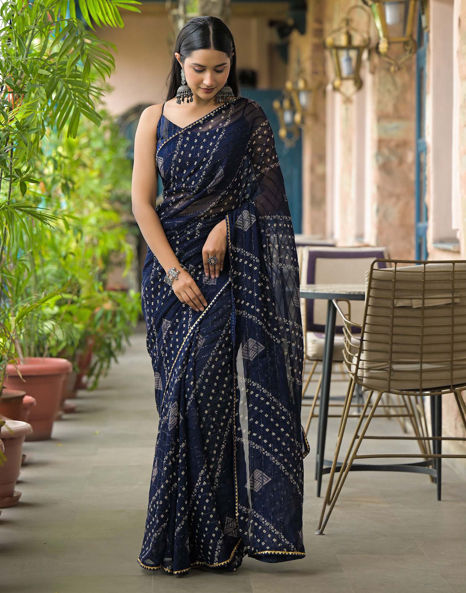 Navy Blue Georgette Printed Bandhani Saree
