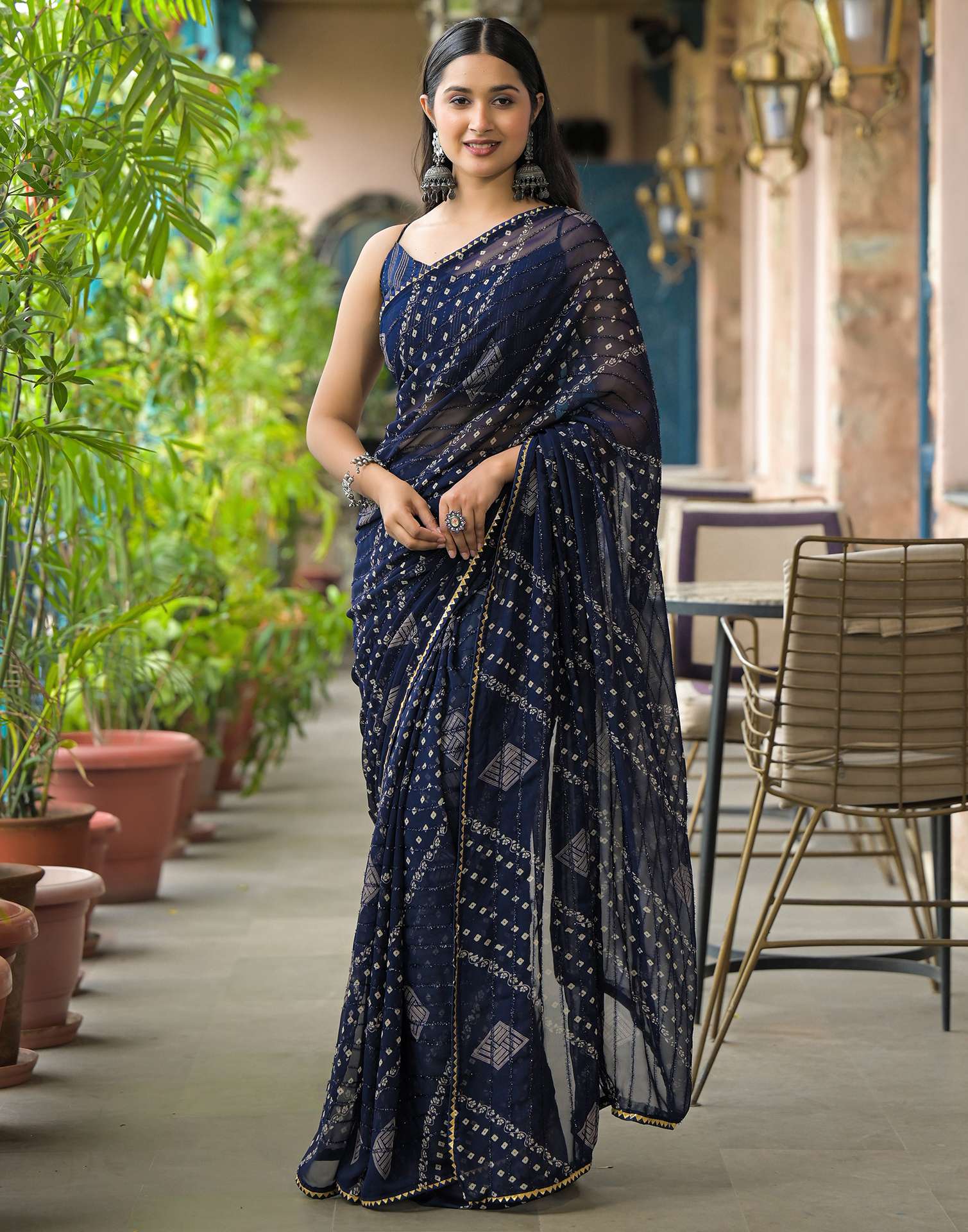 Navy Blue Georgette Printed Bandhani Saree
