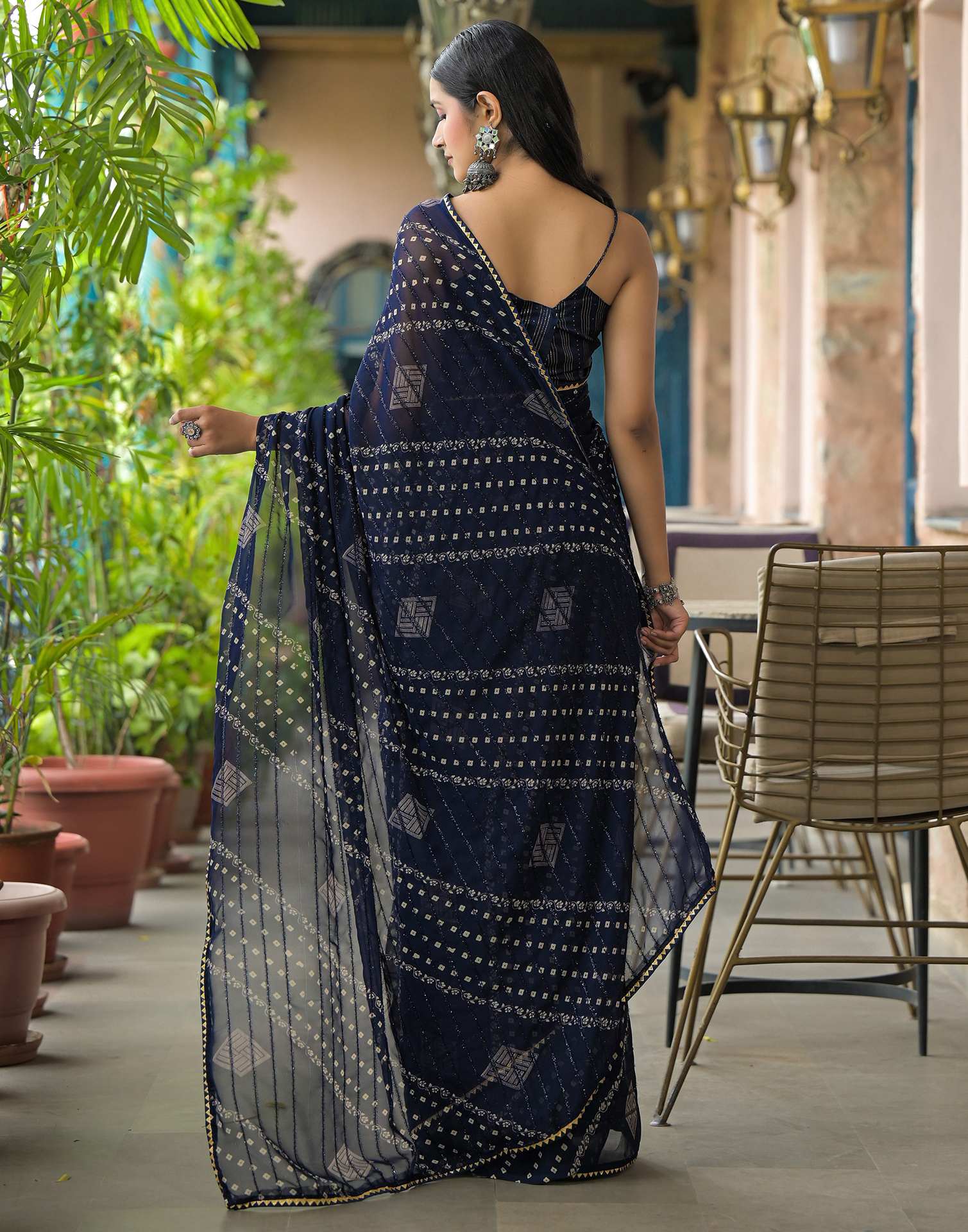 Navy Blue Georgette Printed Bandhani Saree