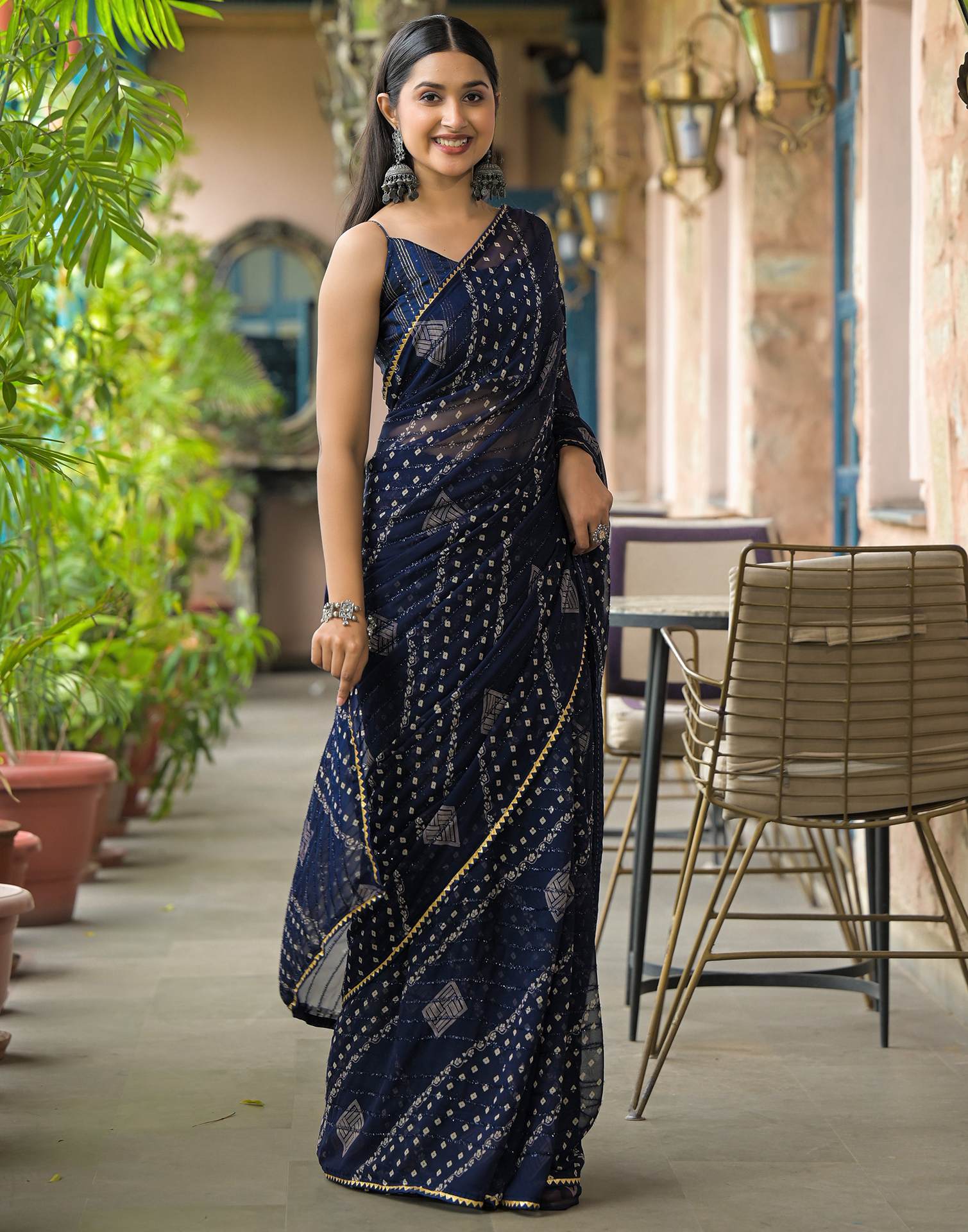 Navy Blue Georgette Printed Bandhani Saree