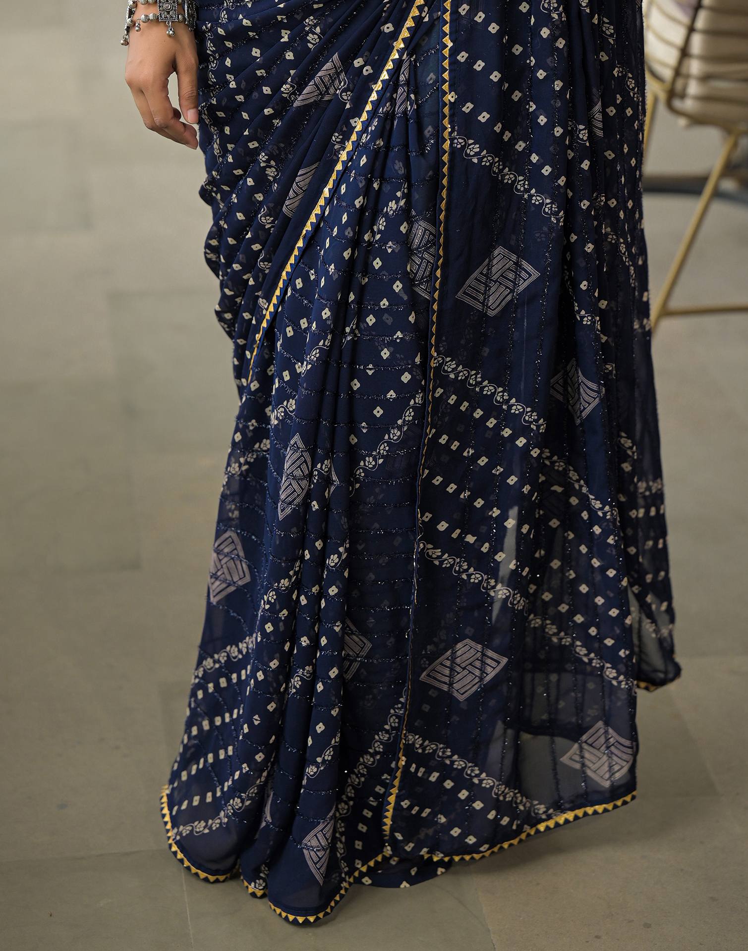 Navy Blue Georgette Printed Bandhani Saree