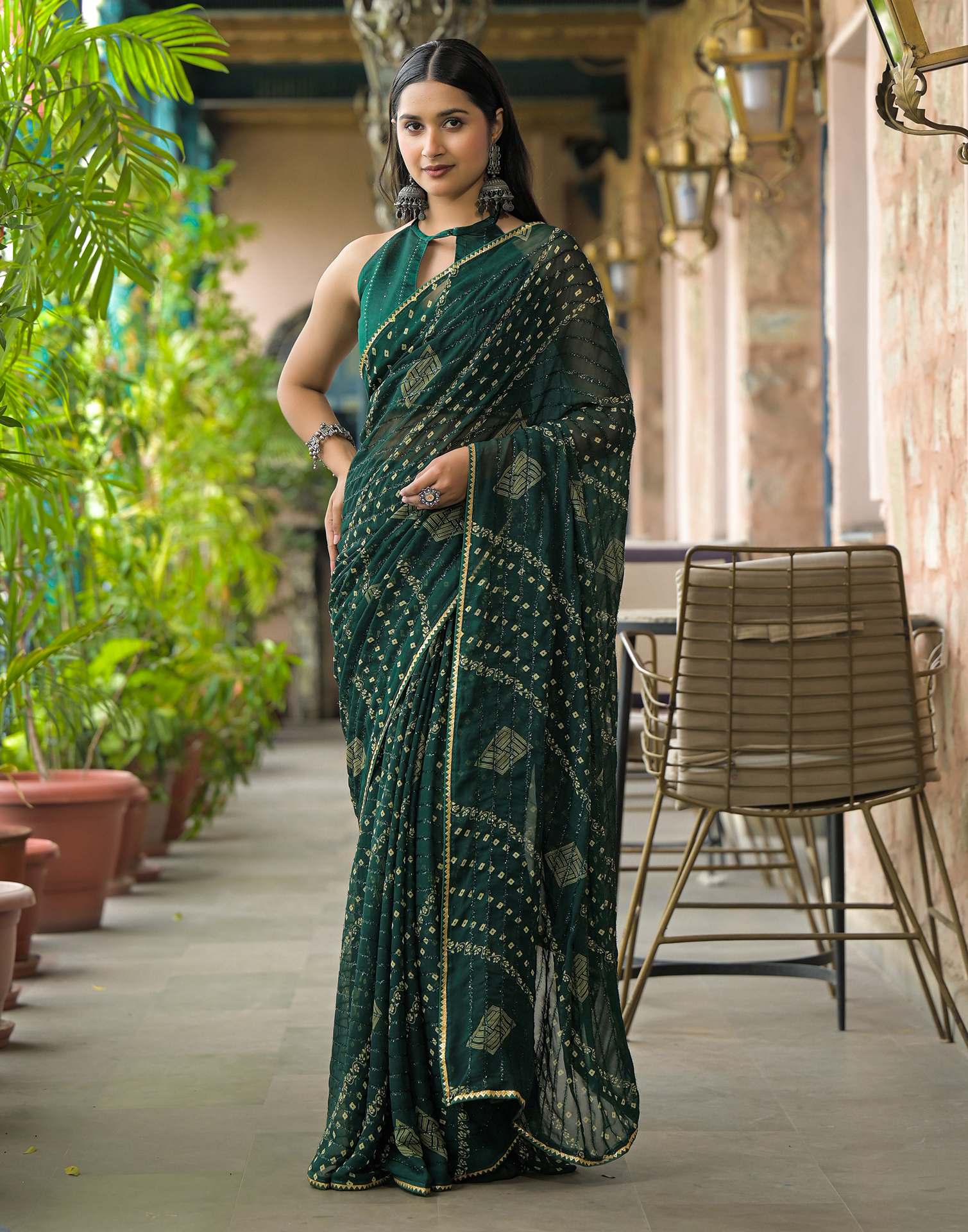 Bottle Green Georgette Printed Bandhani Saree