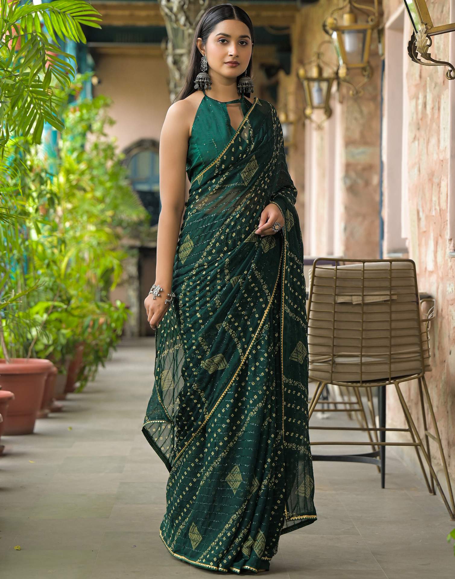Bottle Green Georgette Printed Bandhani Saree