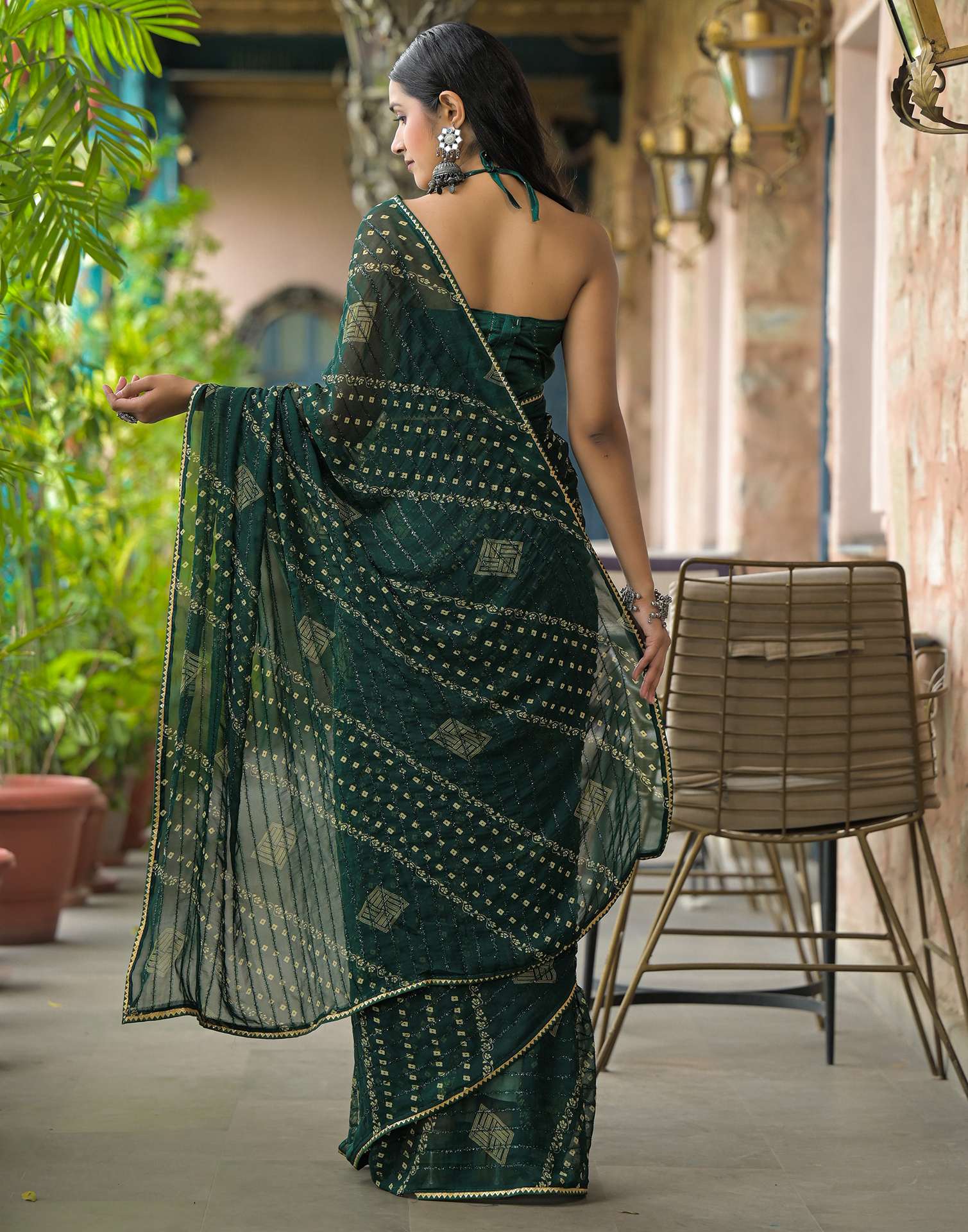 Bottle Green Georgette Printed Bandhani Saree