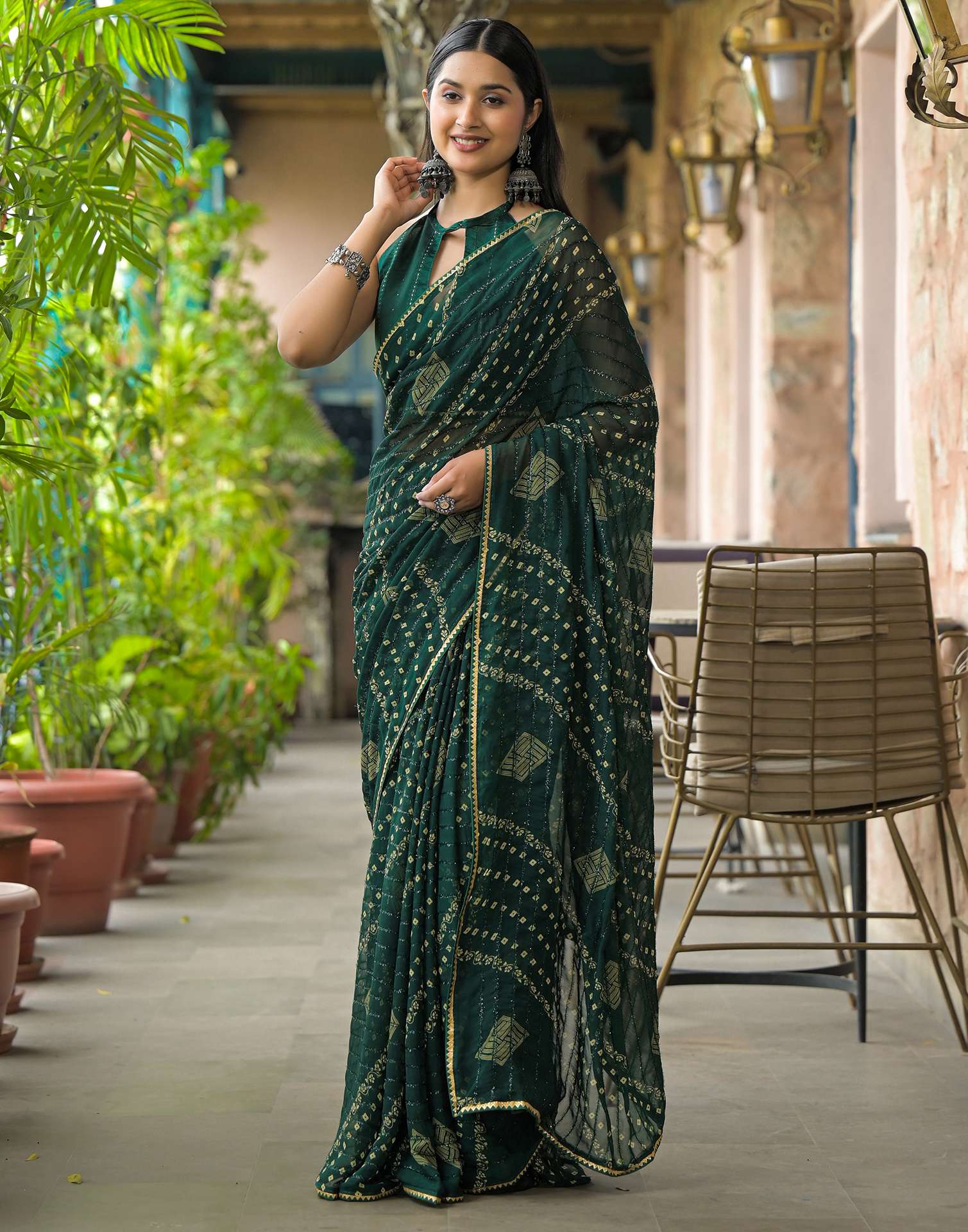 Bottle Green Georgette Printed Bandhani Saree