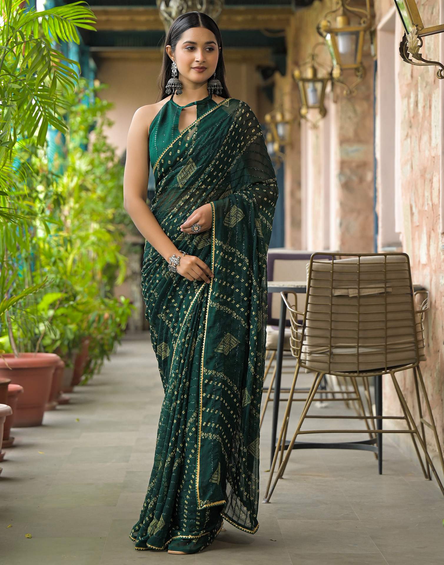 Bottle Green Georgette Printed Bandhani Saree