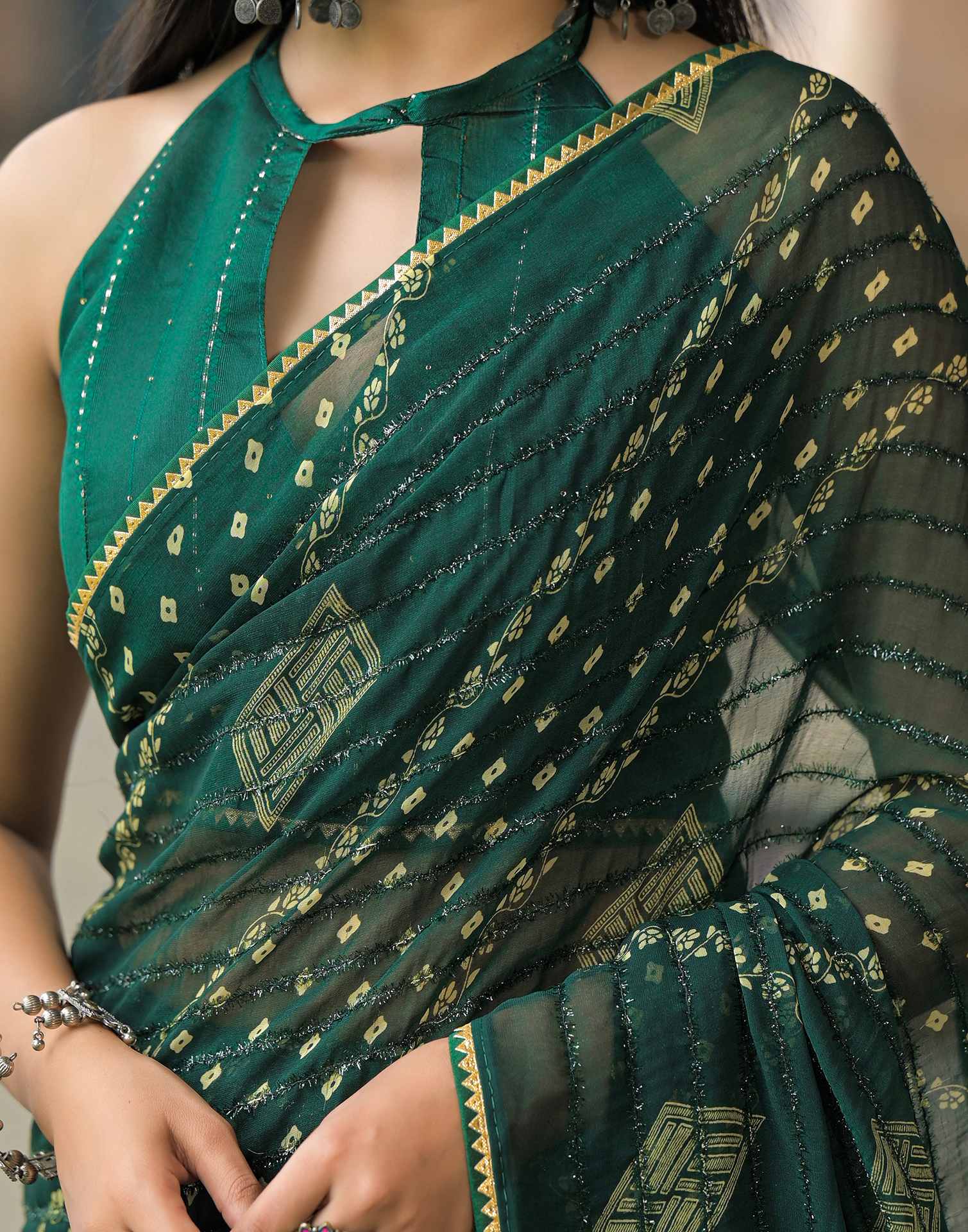 Bottle Green Georgette Printed Bandhani Saree