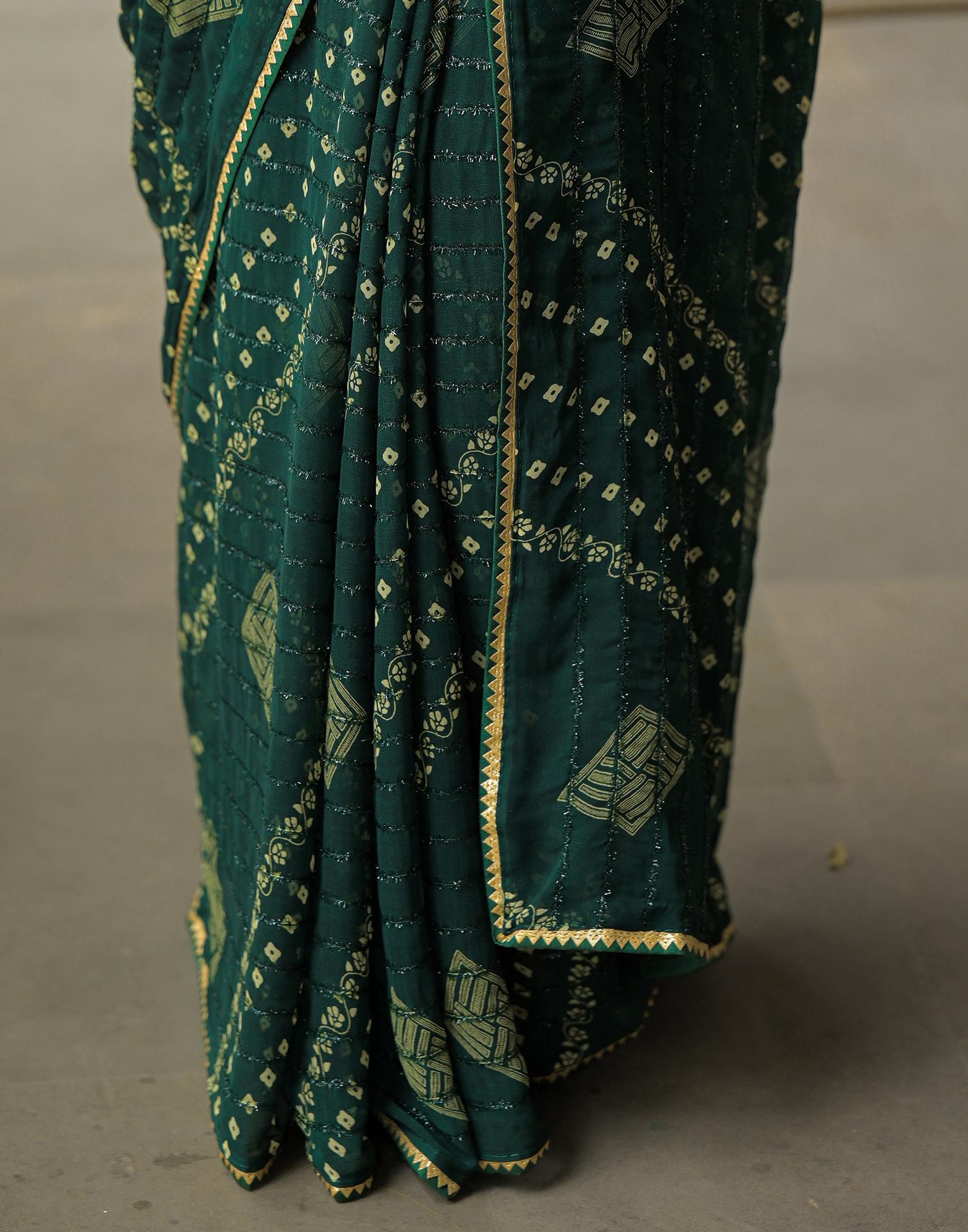 Bottle Green Georgette Printed Bandhani Saree