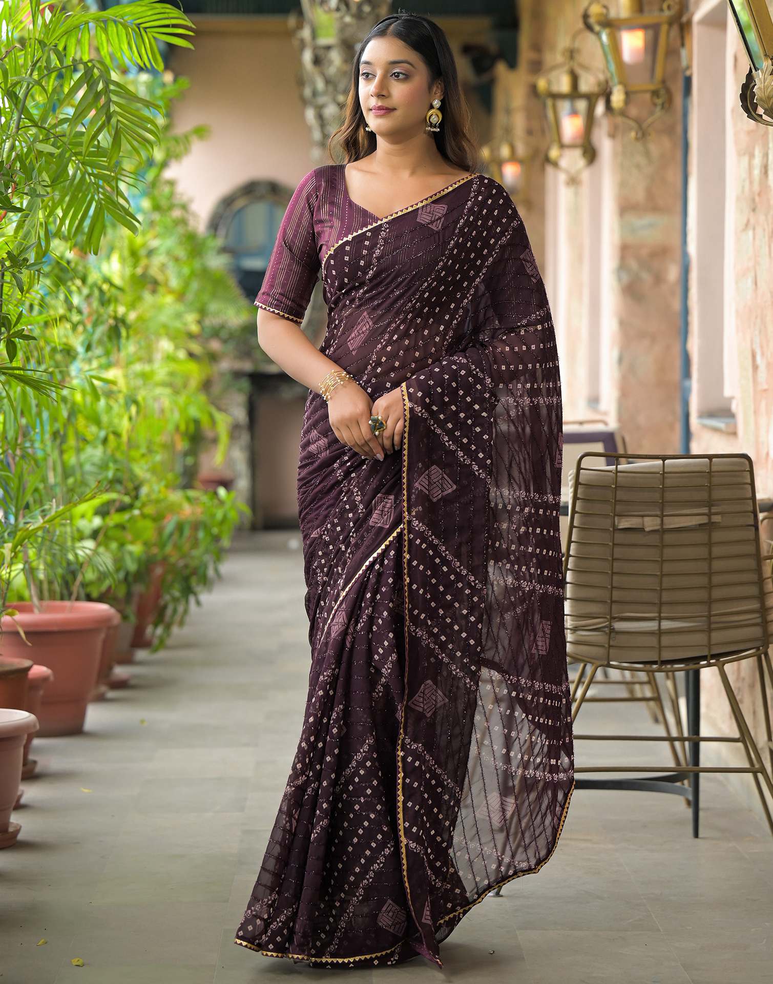 Wine Georgette Printed Bandhani Saree