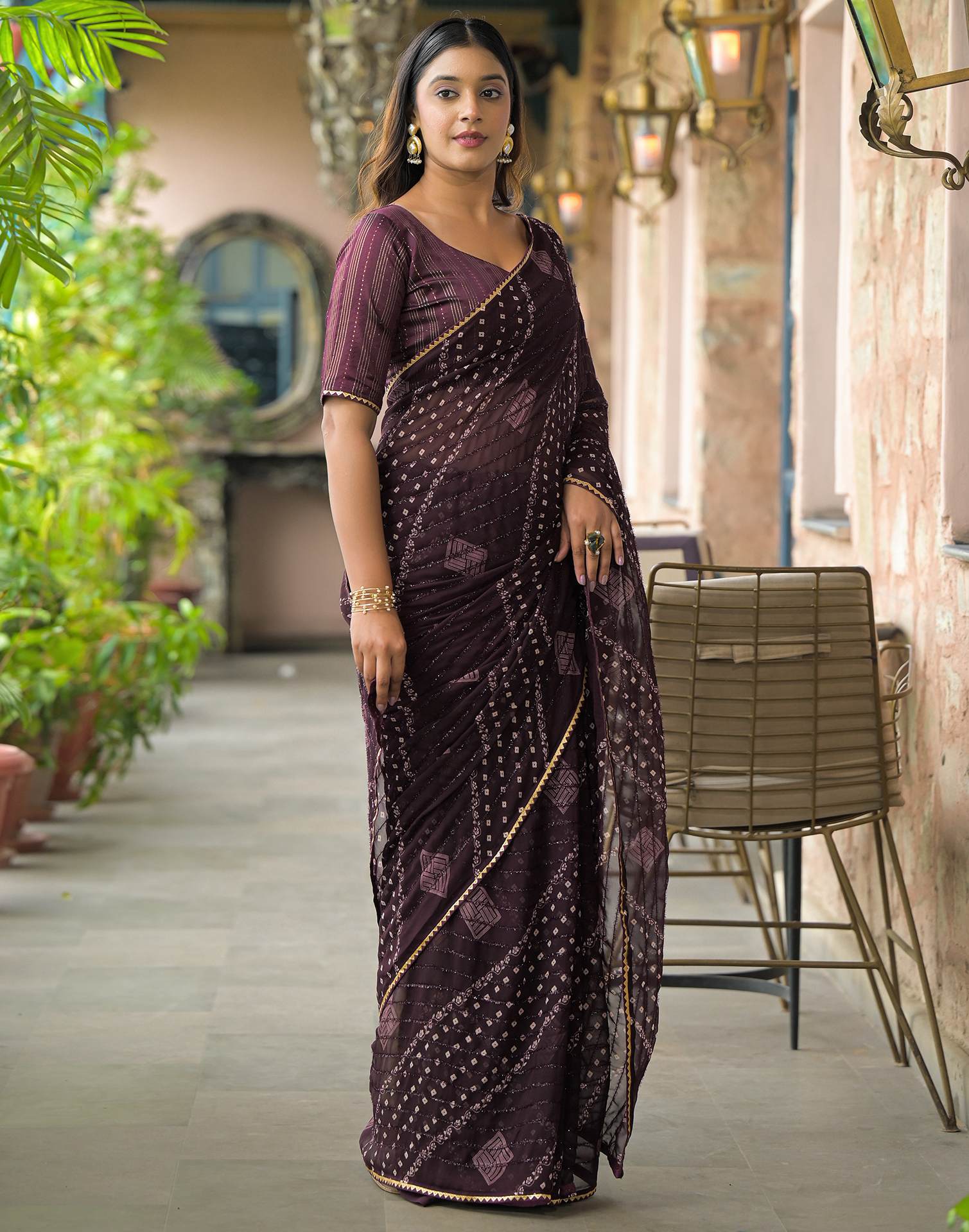 Wine Georgette Printed Bandhani Saree