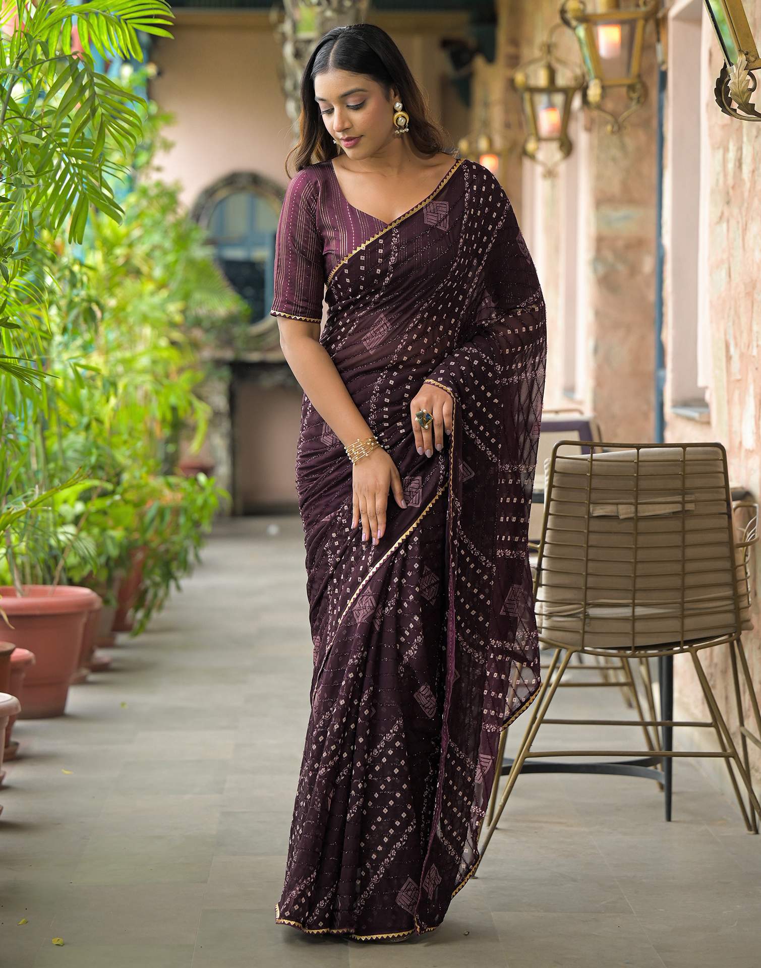 Wine Georgette Printed Bandhani Saree