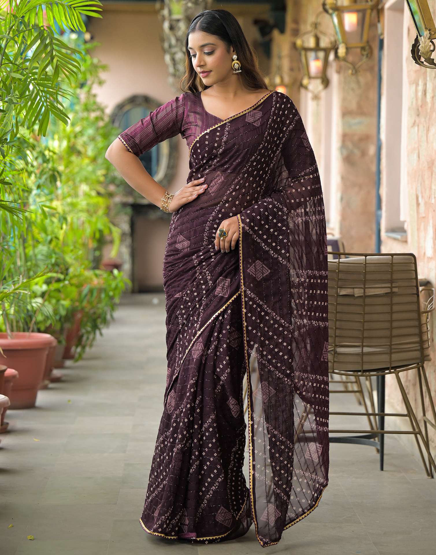 Wine Georgette Printed Bandhani Saree
