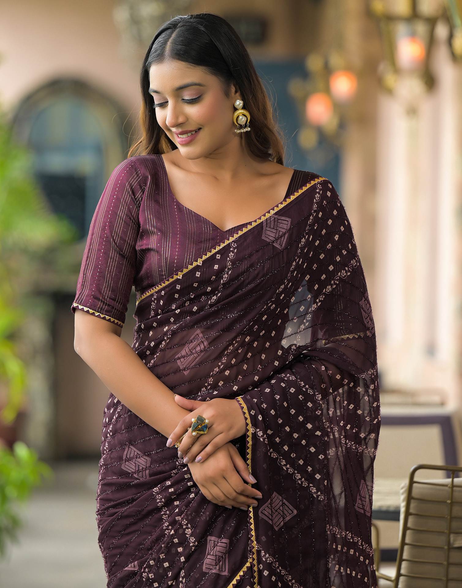 Wine Georgette Printed Bandhani Saree