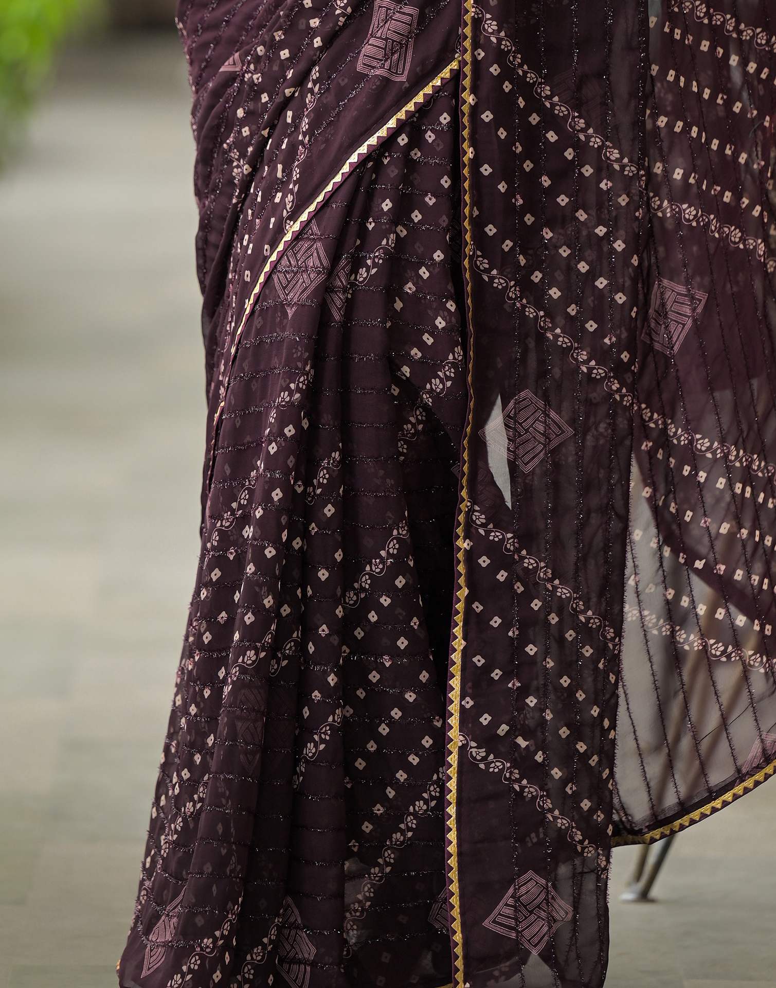 Wine Georgette Printed Bandhani Saree