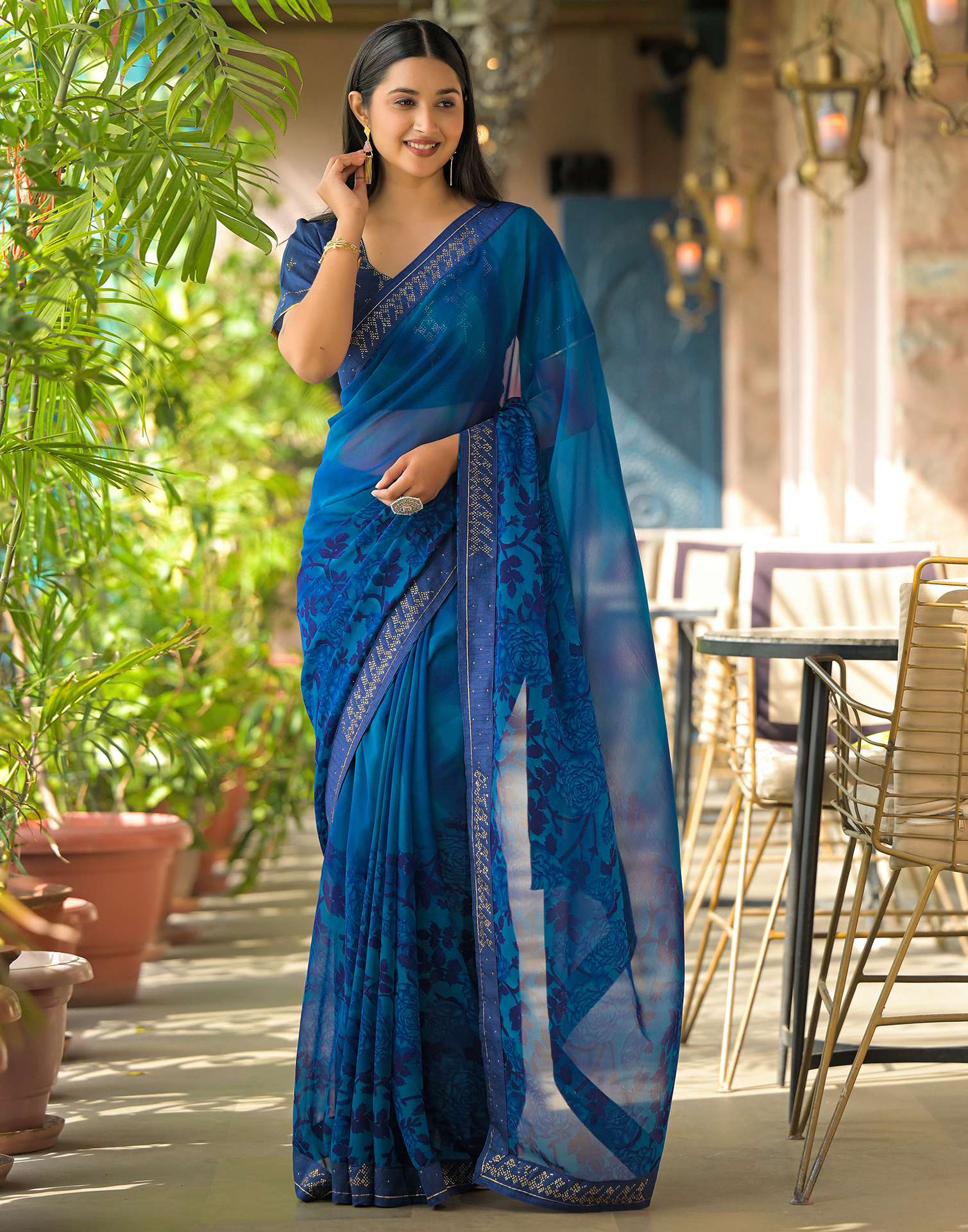 Dark Blue Georgette Floral Printed Saree