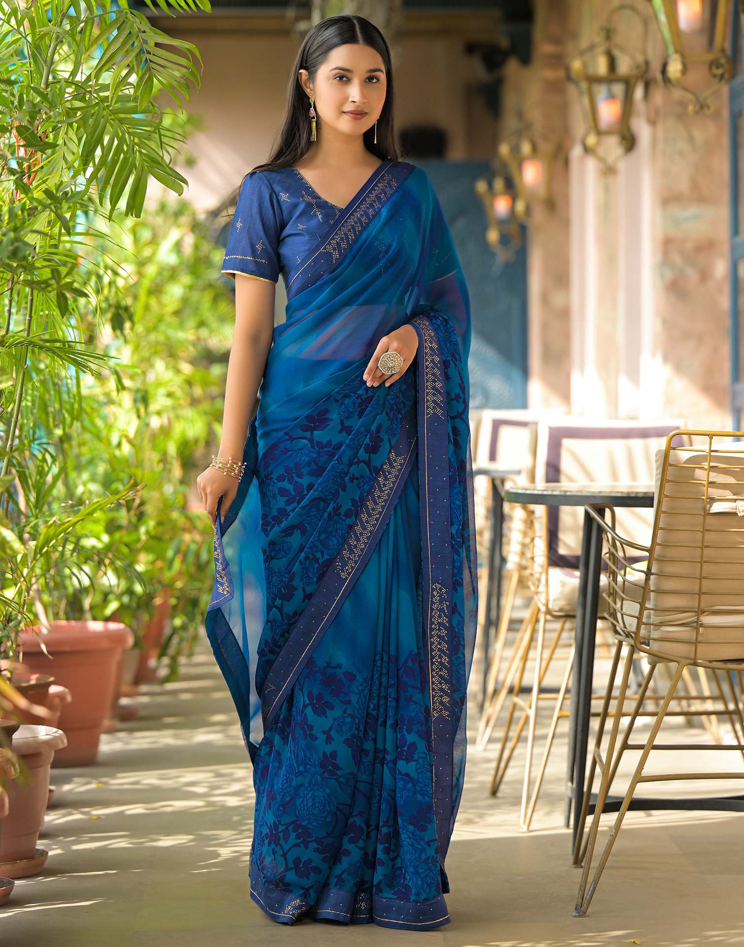 Dark Blue Georgette Floral Printed Saree