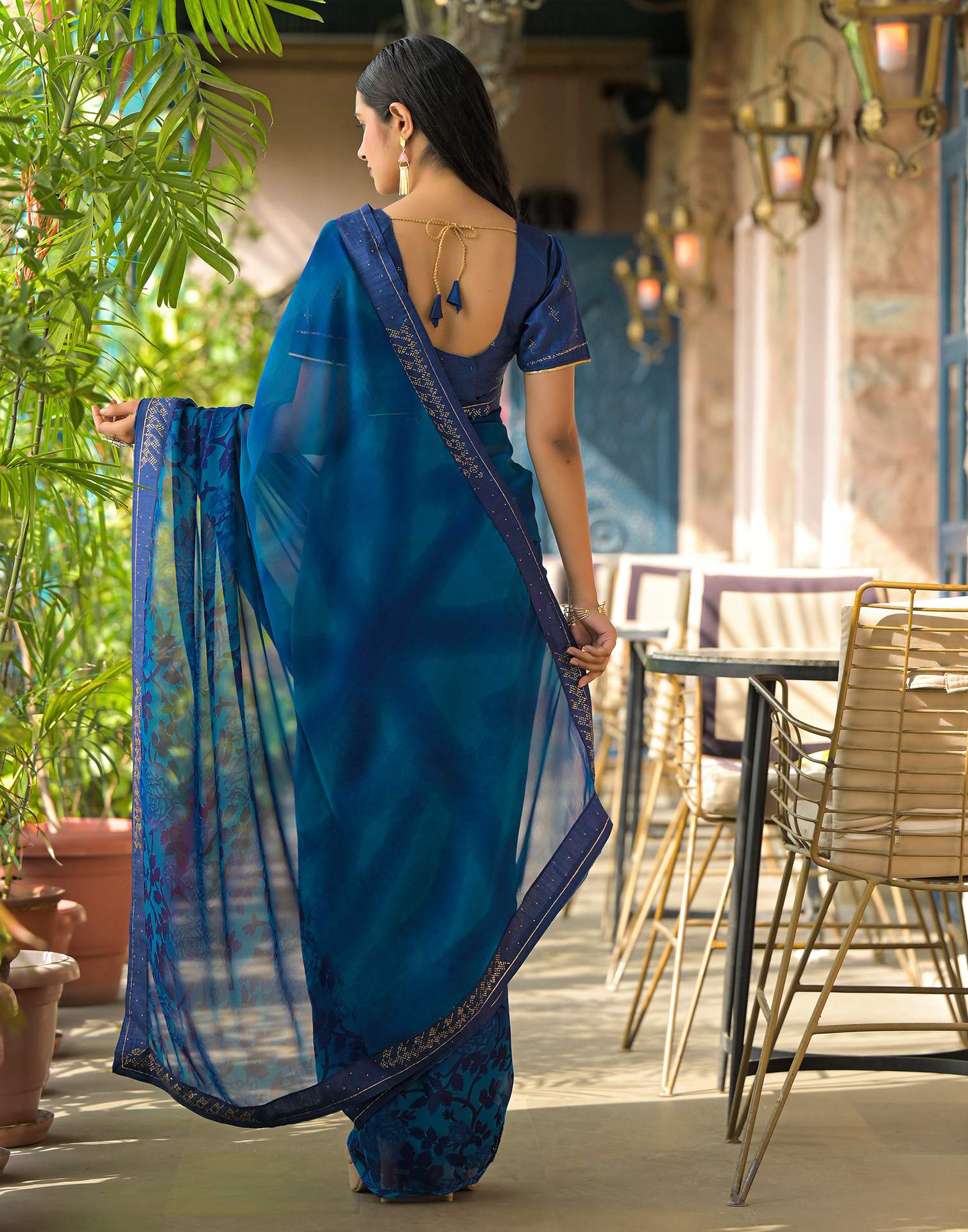 Dark Blue Georgette Floral Printed Saree