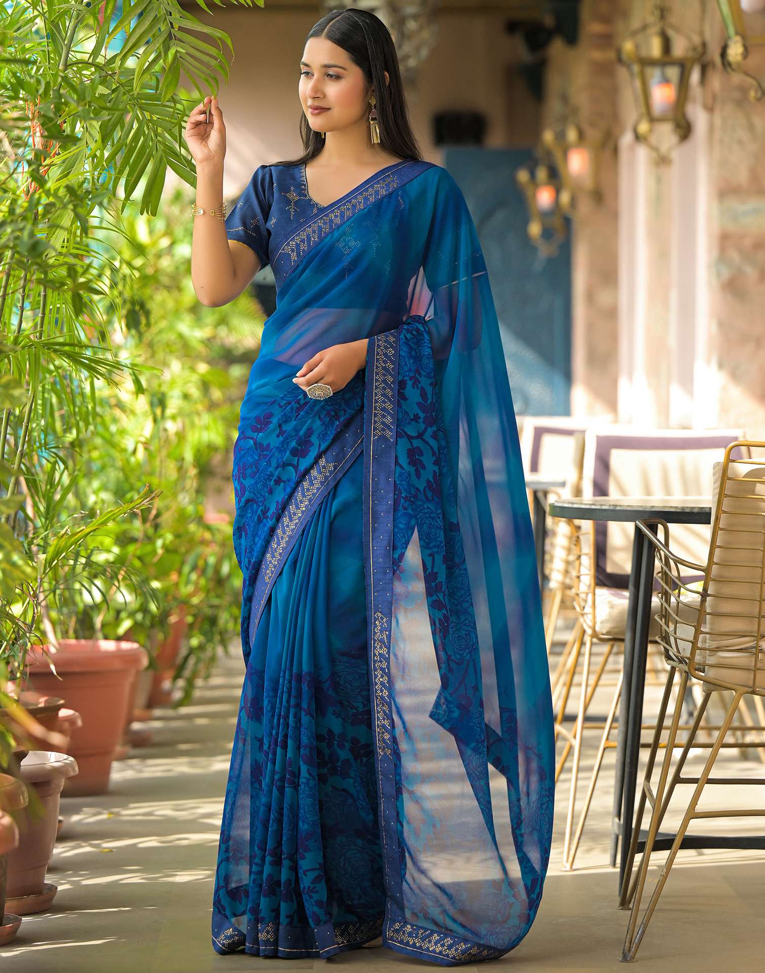 Dark Blue Georgette Floral Printed Saree