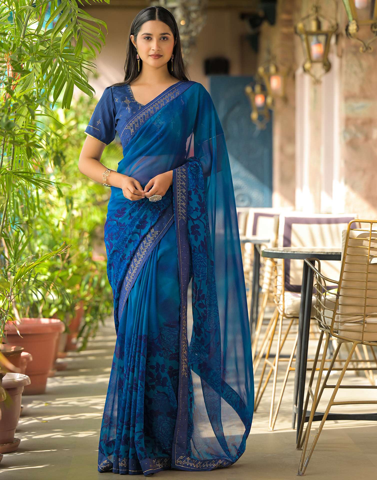 Dark Blue Georgette Floral Printed Saree