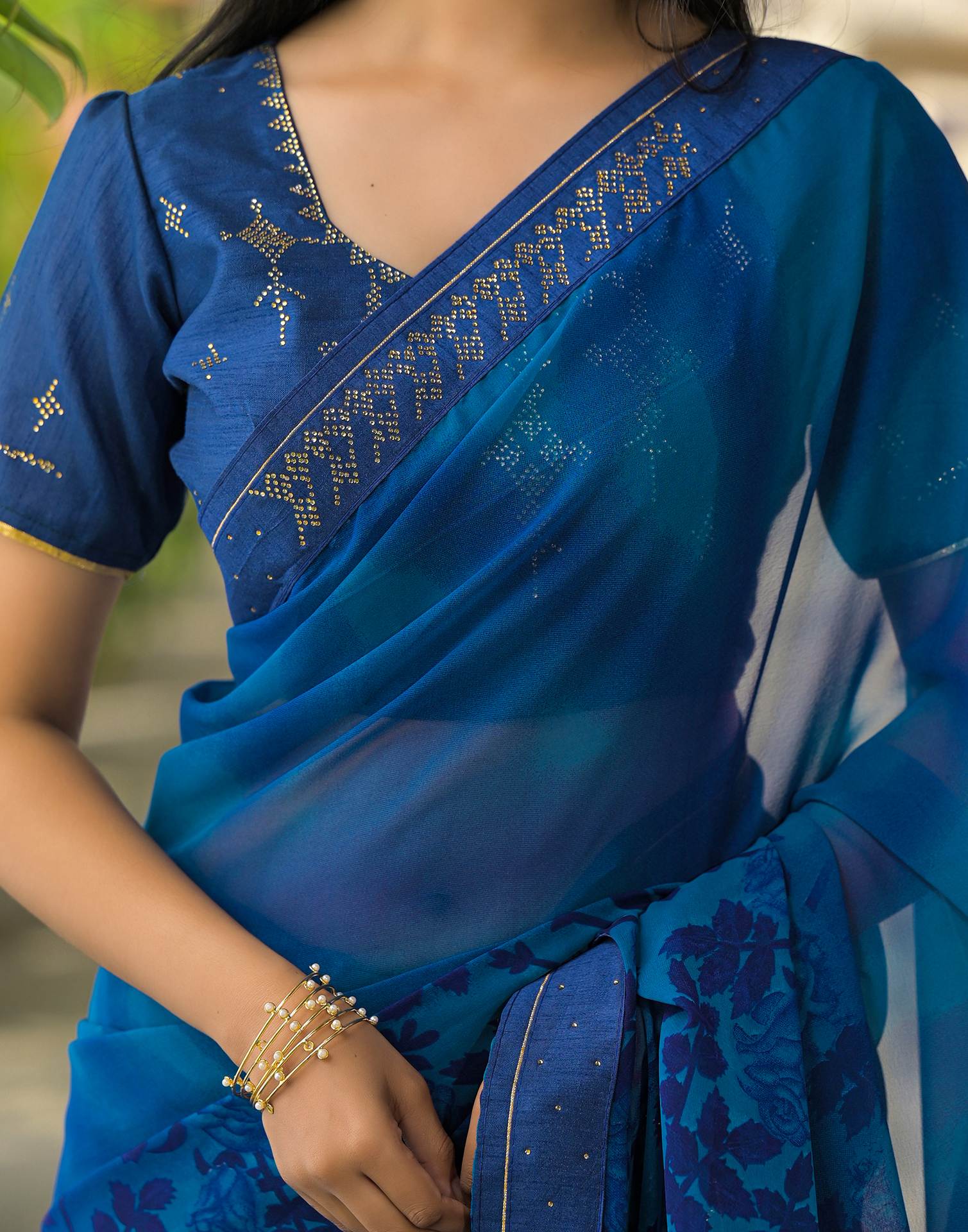 Dark Blue Georgette Floral Printed Saree