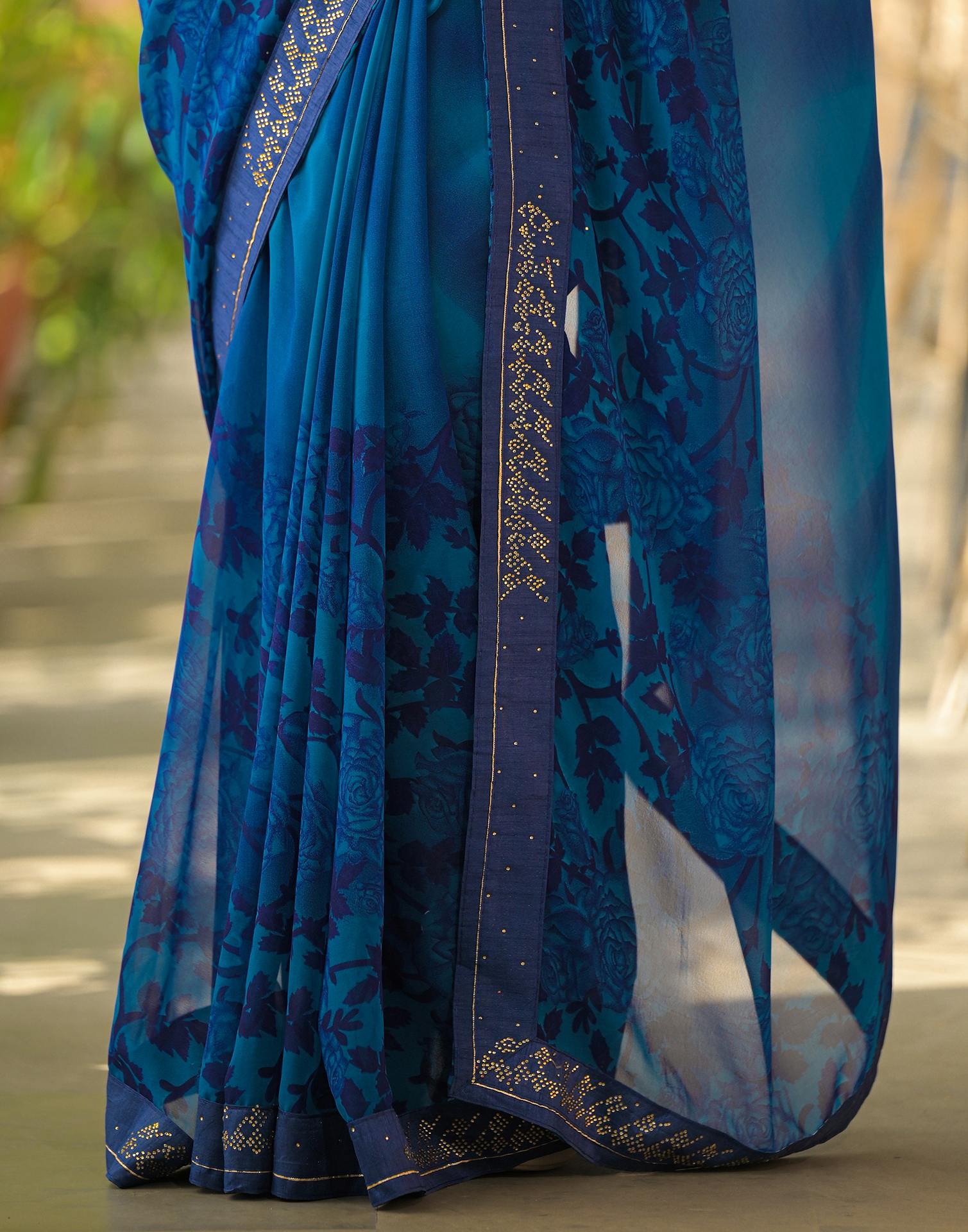 Dark Blue Georgette Floral Printed Saree
