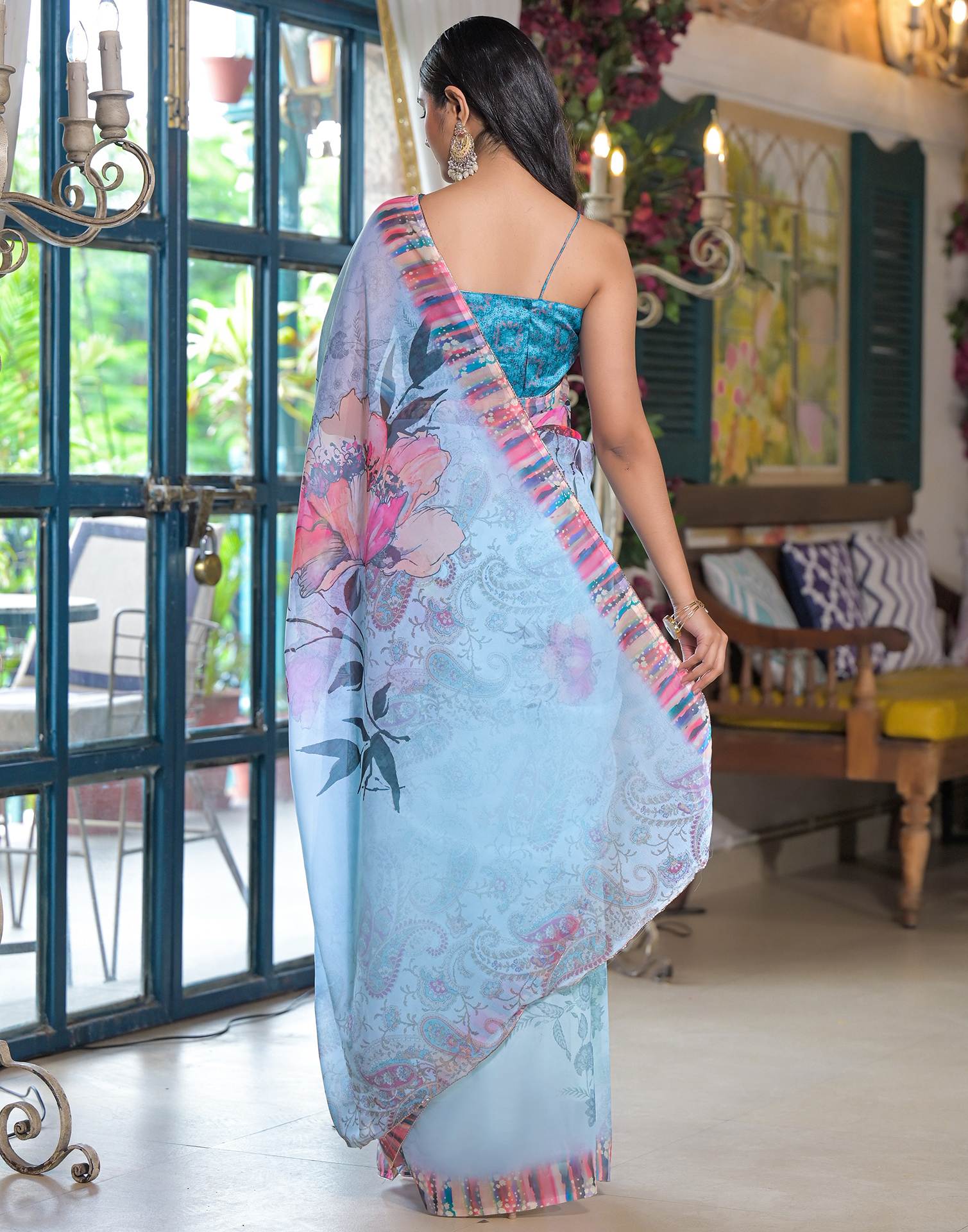 Sky Blue Georgette Floral Printed Saree