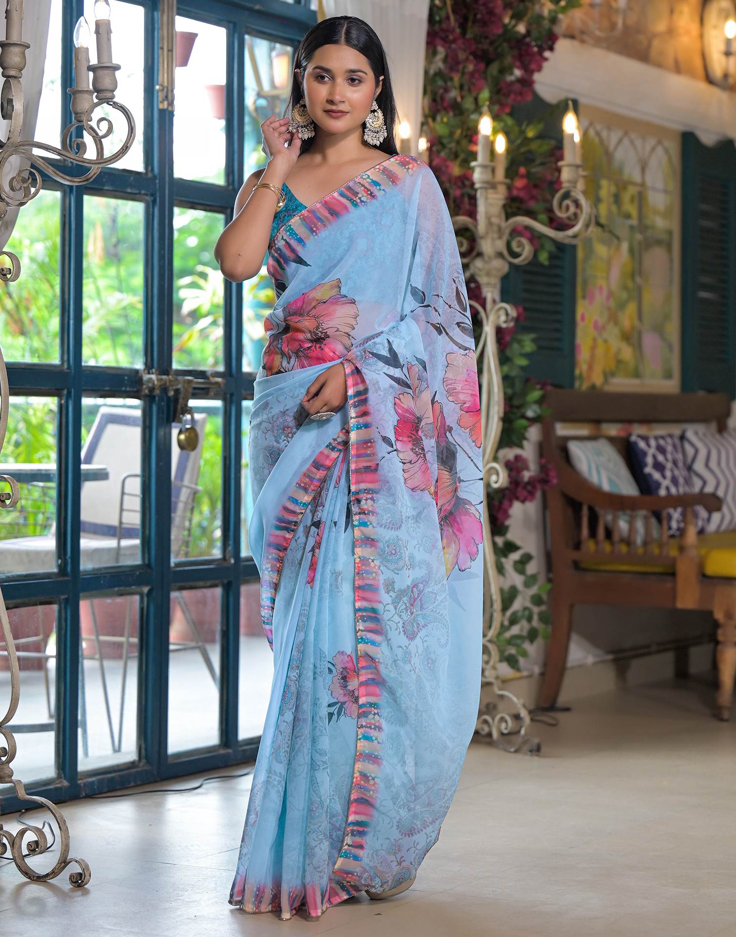 Sky Blue Georgette Floral Printed Saree
