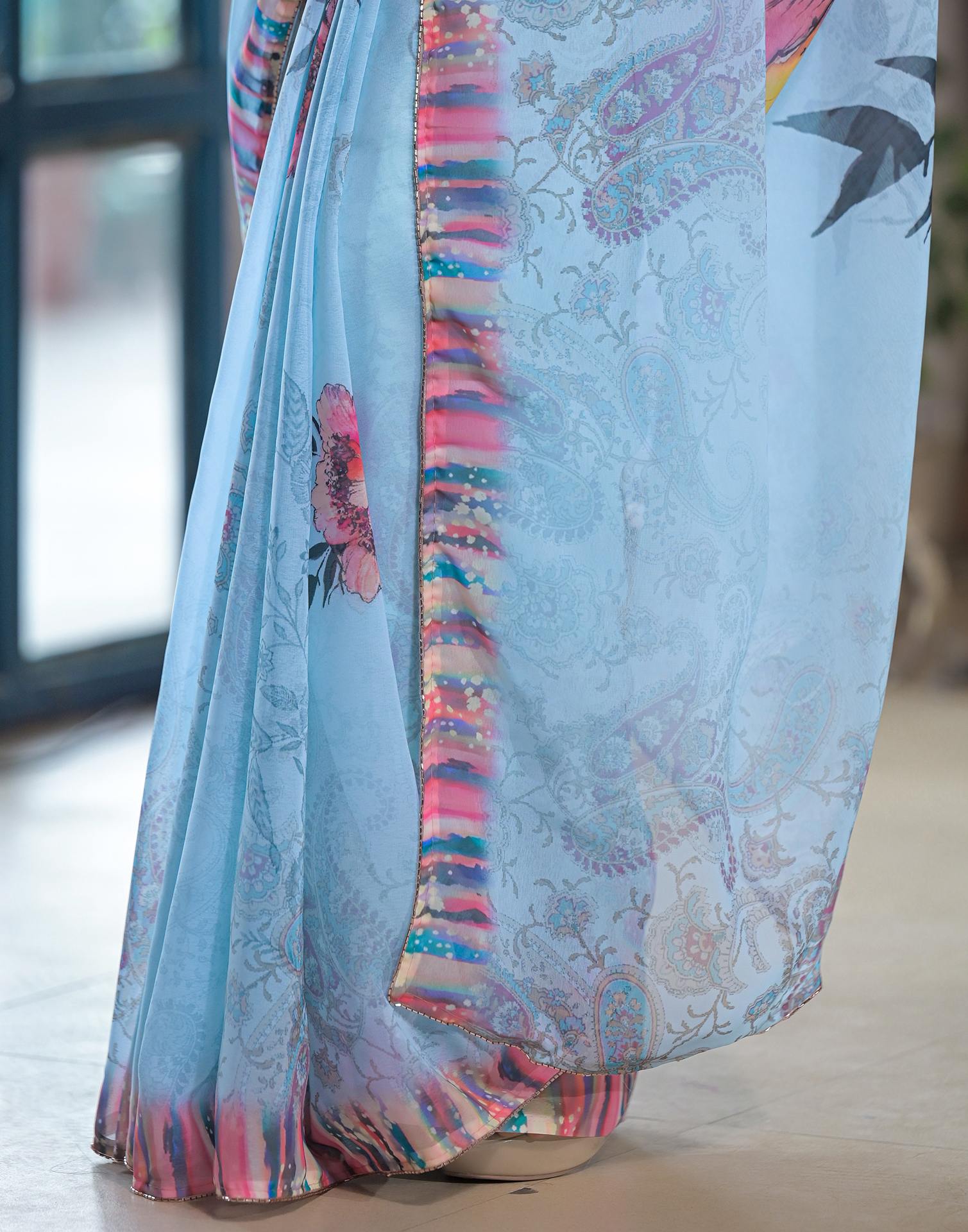 Sky Blue Georgette Floral Printed Saree
