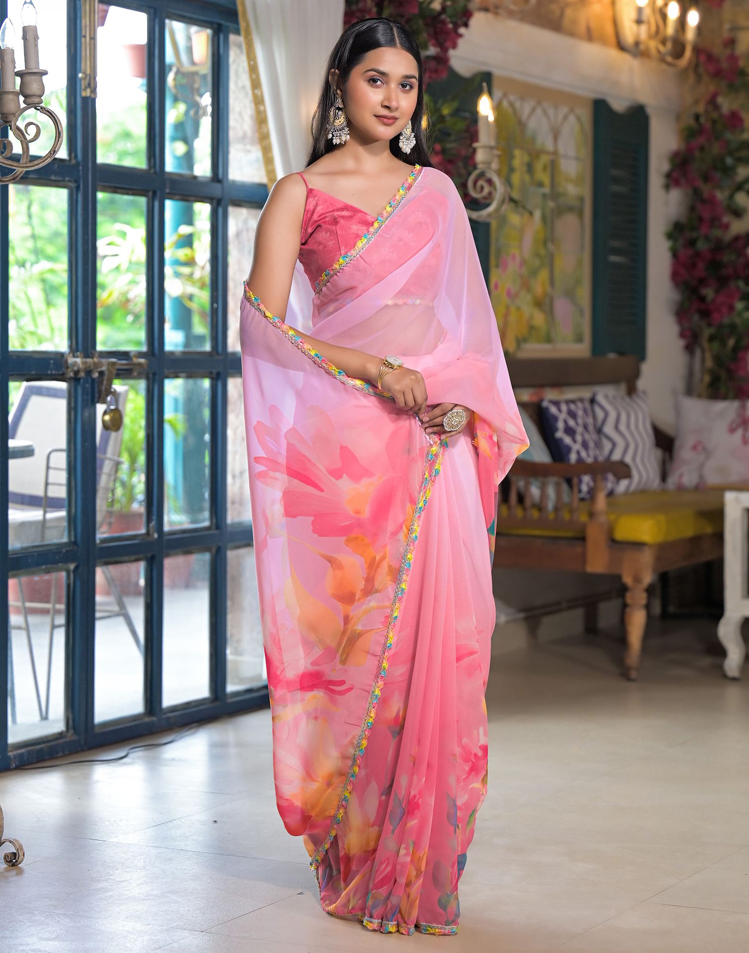 Pink Georgette Printed Saree