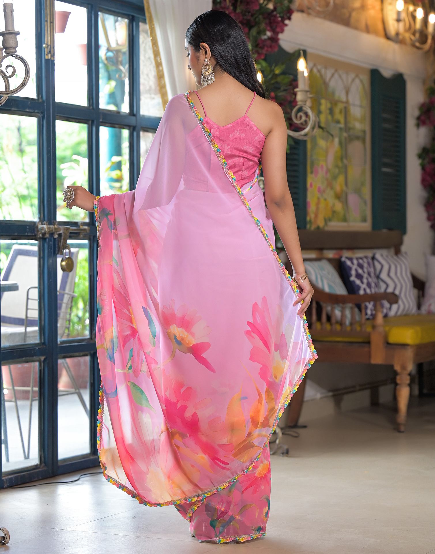 Pink Georgette Printed Saree