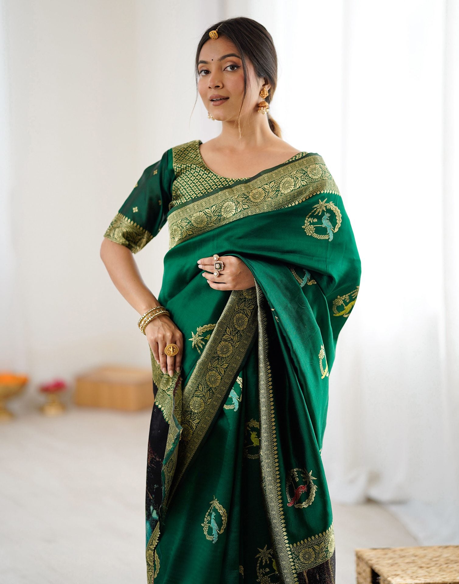 Dark Green Silk Woven Saree