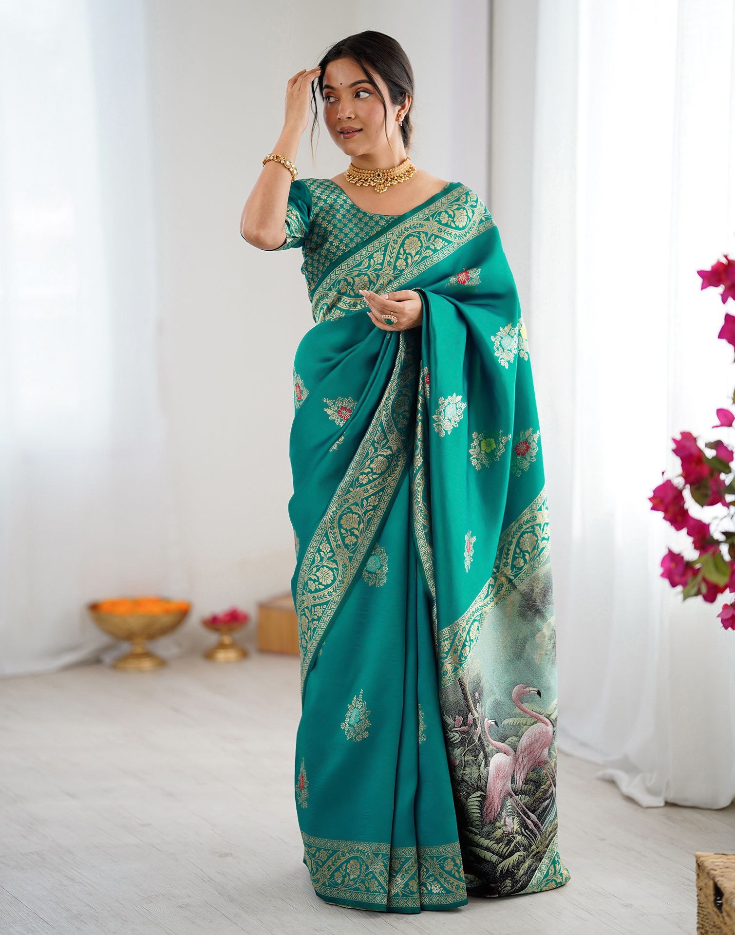 Teal Green Silk Woven Saree