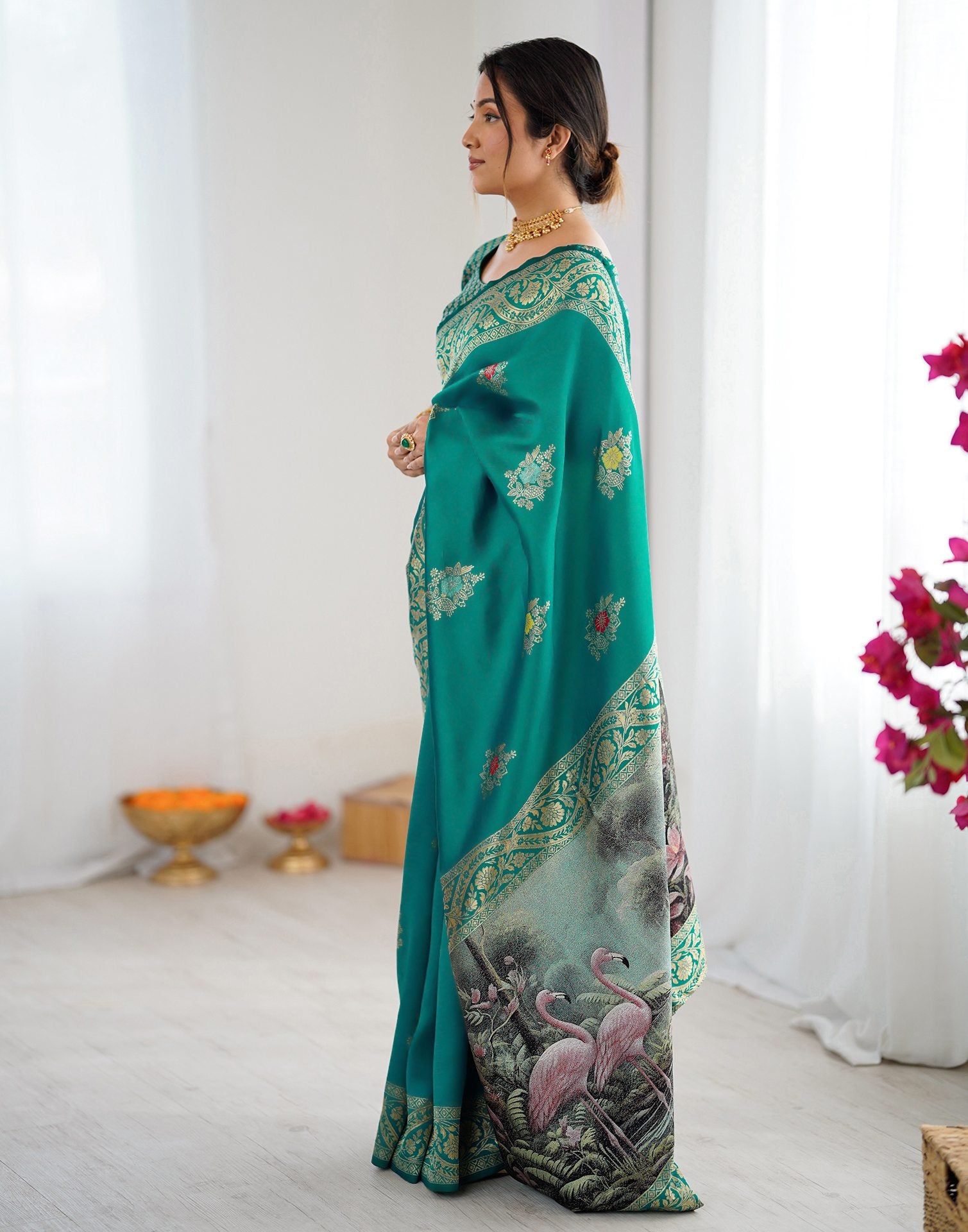 Teal Green Silk Woven Saree