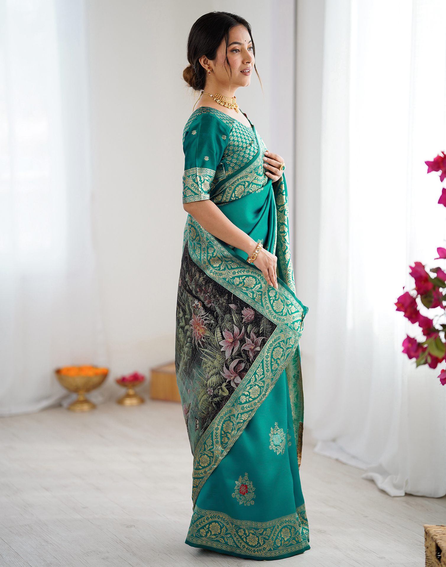 Teal Green Silk Woven Saree