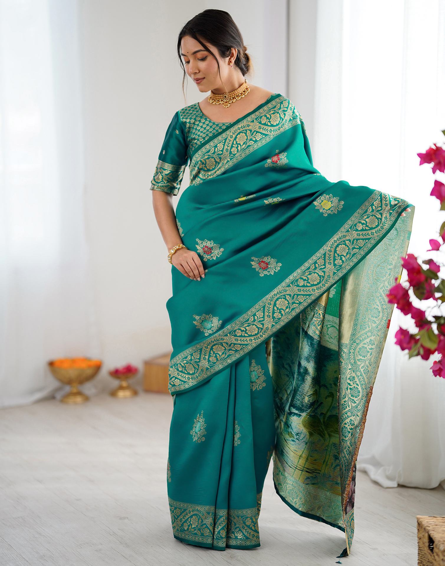 Teal Green Silk Woven Saree