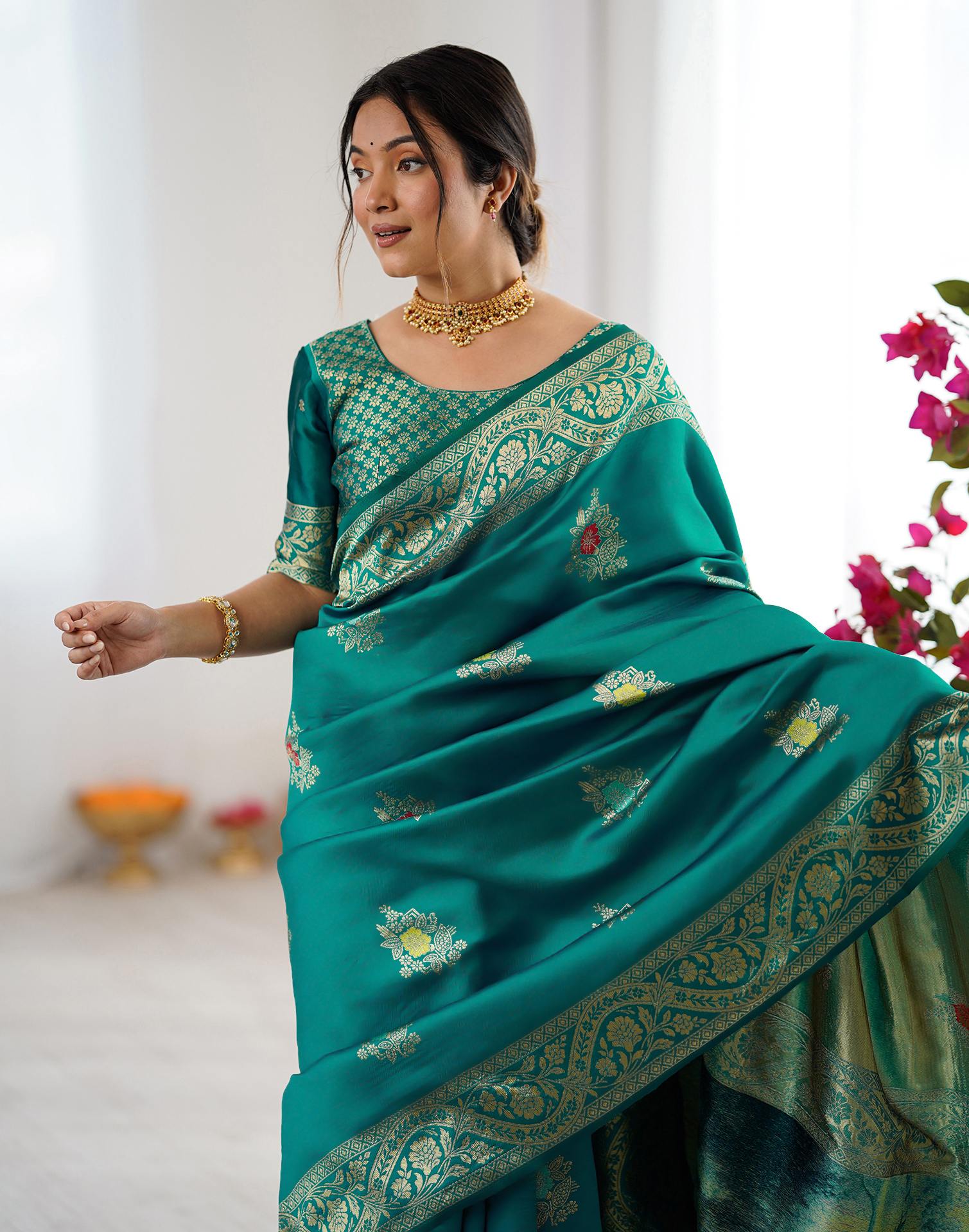 Teal Green Silk Woven Saree