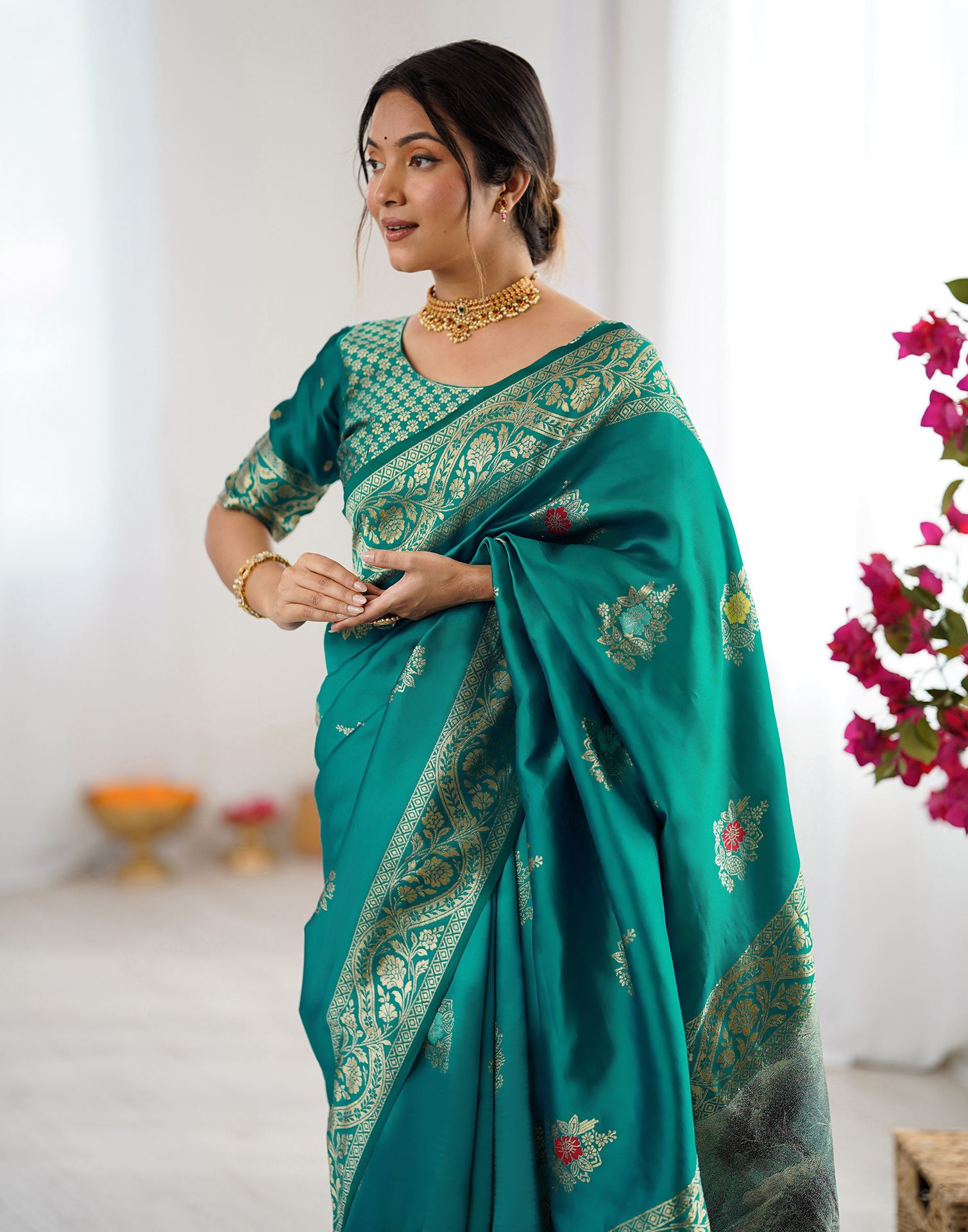 Teal Green Silk Woven Saree