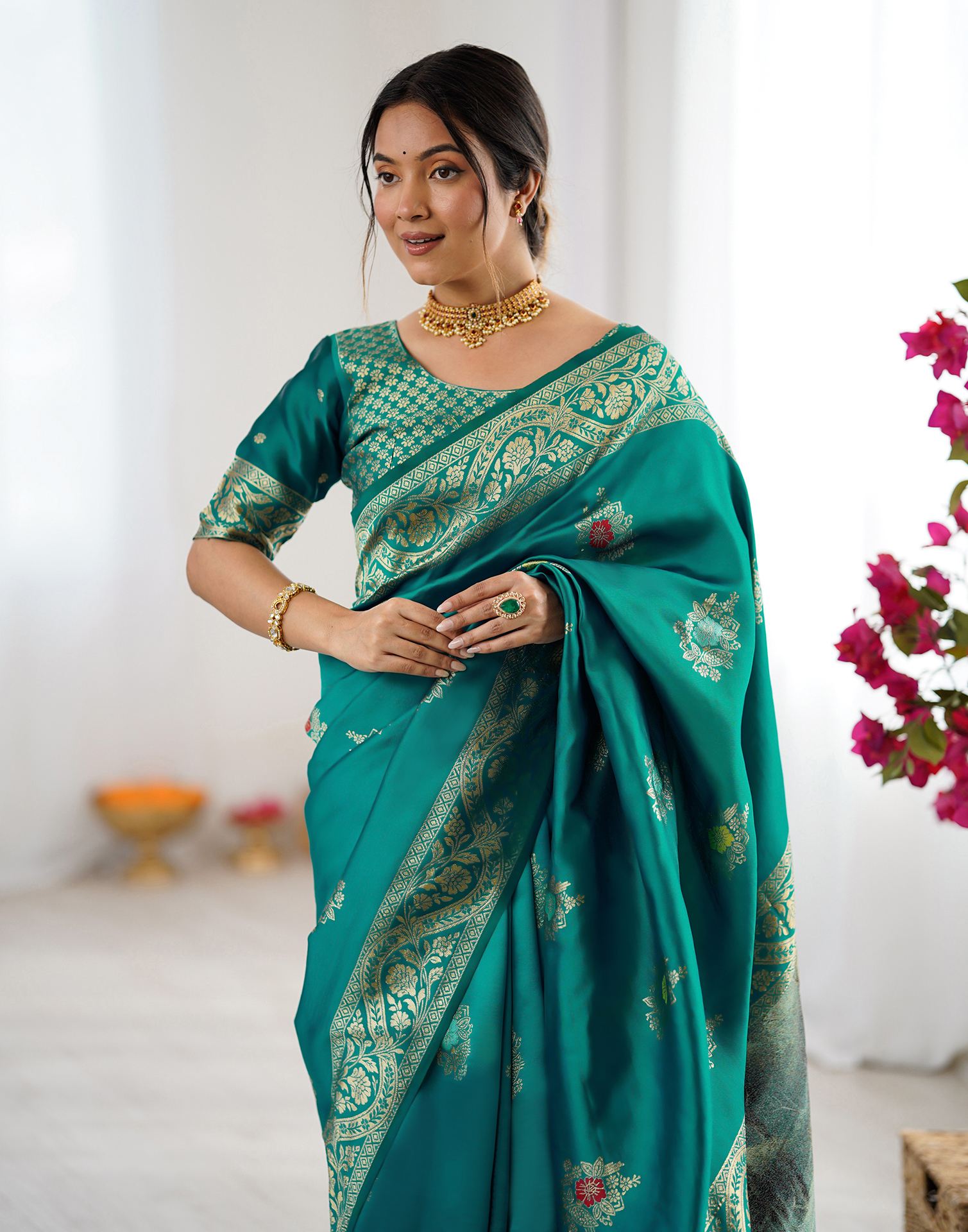 Teal Green Silk Woven Saree