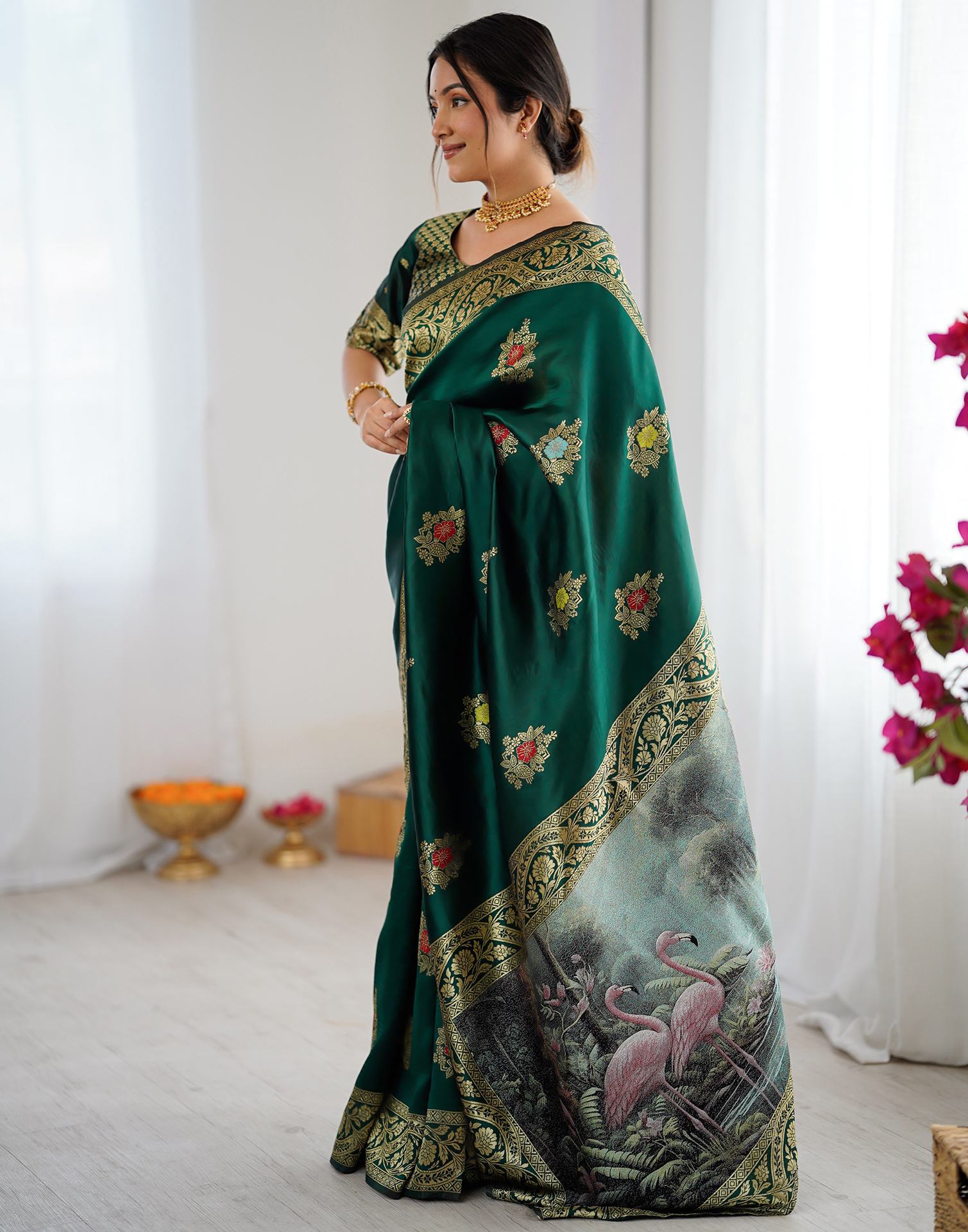 Bottle Green Silk Woven Saree