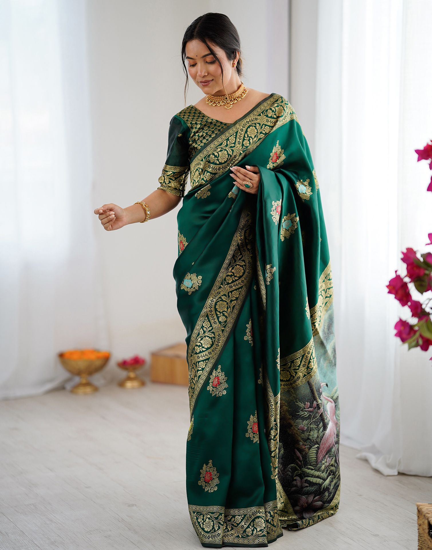 Bottle Green Silk Woven Saree