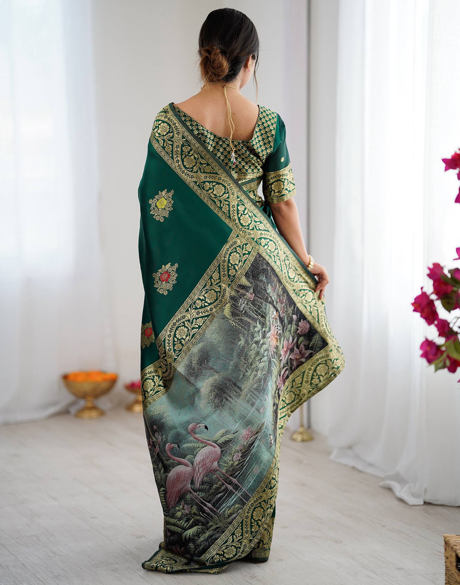 Bottle Green Silk Woven Saree
