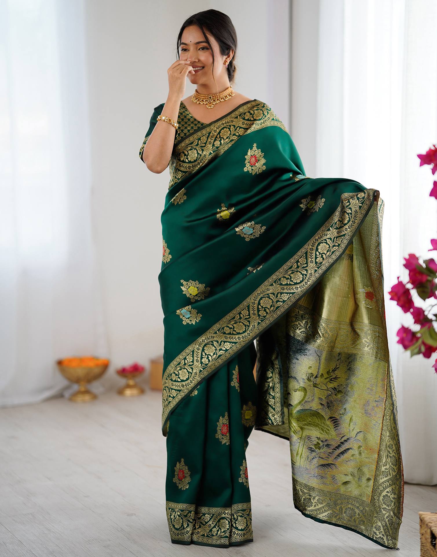Bottle Green Silk Woven Saree