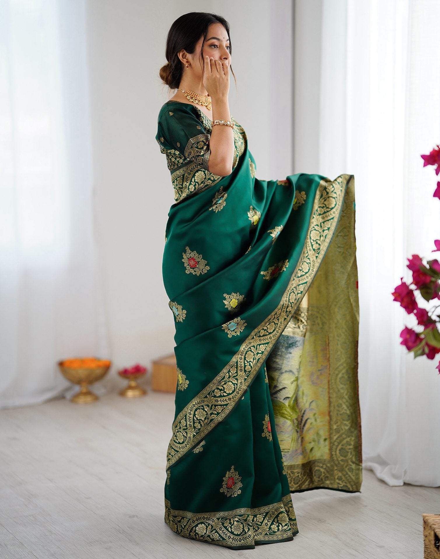 Bottle Green Silk Woven Saree