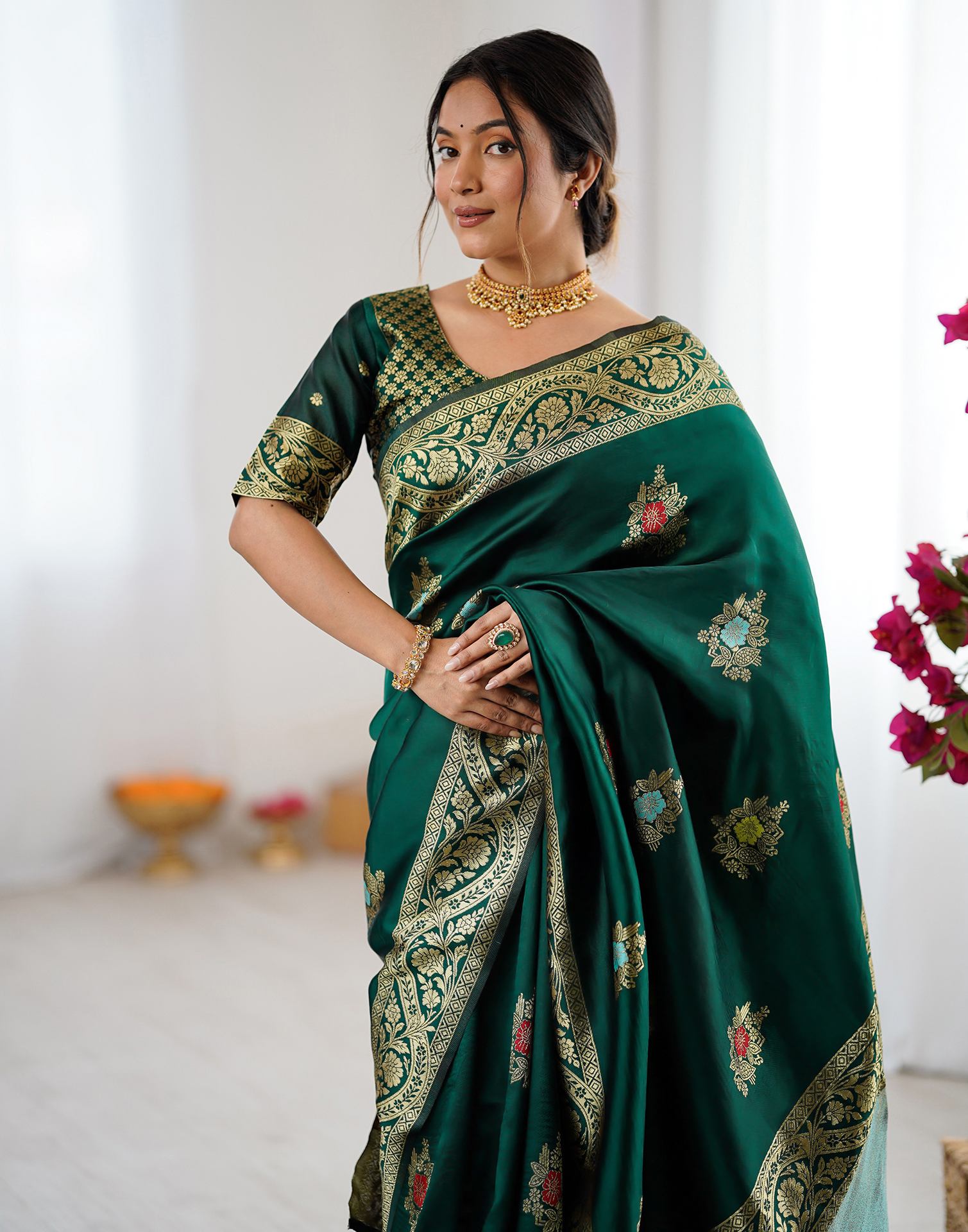 Bottle Green Silk Woven Saree